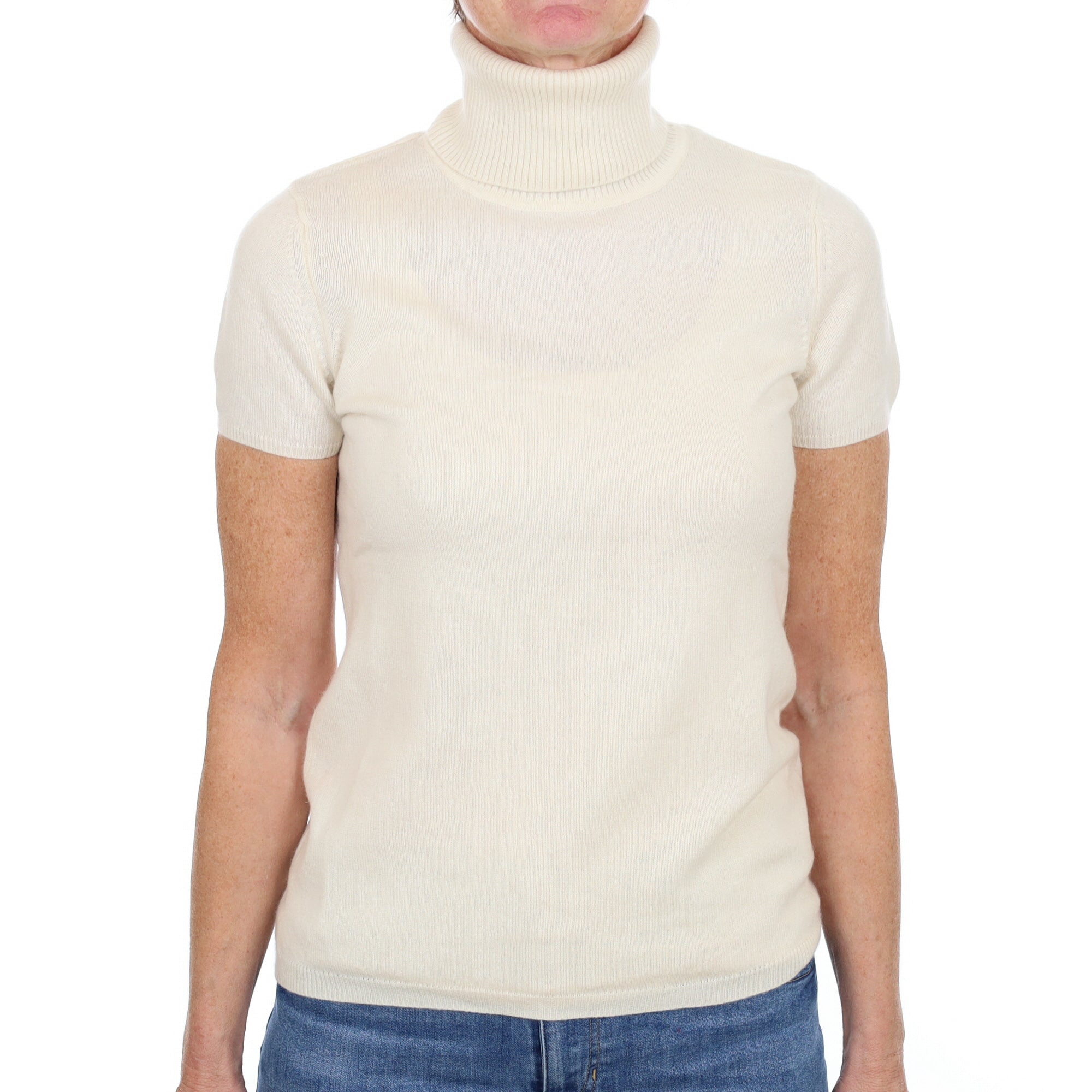 Vanilla Cream Cashmere Polo Neck Short Sleeved Jumper Small