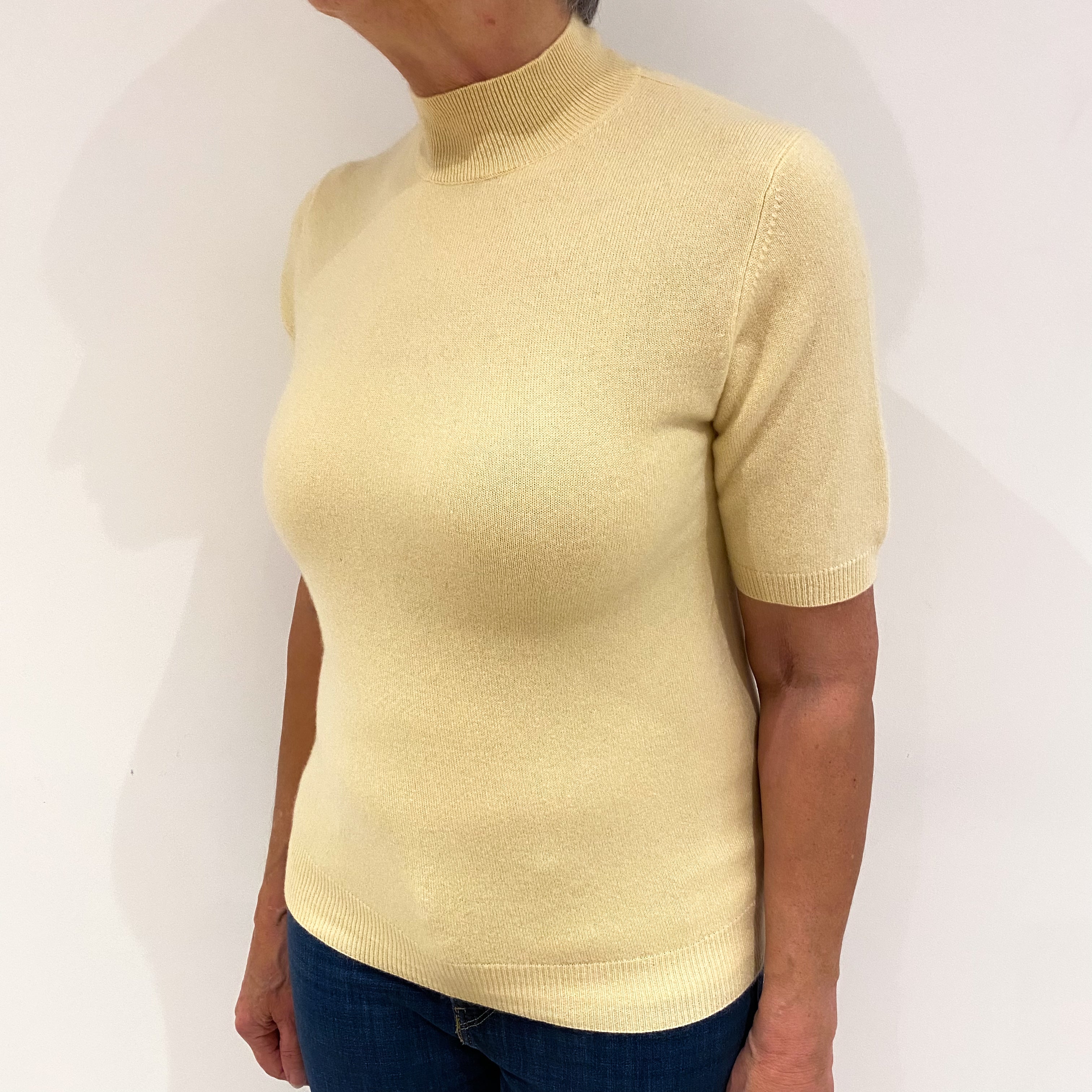 Custard Yellow Short Sleeved Cashmere Turtle Neck Jumper Medium