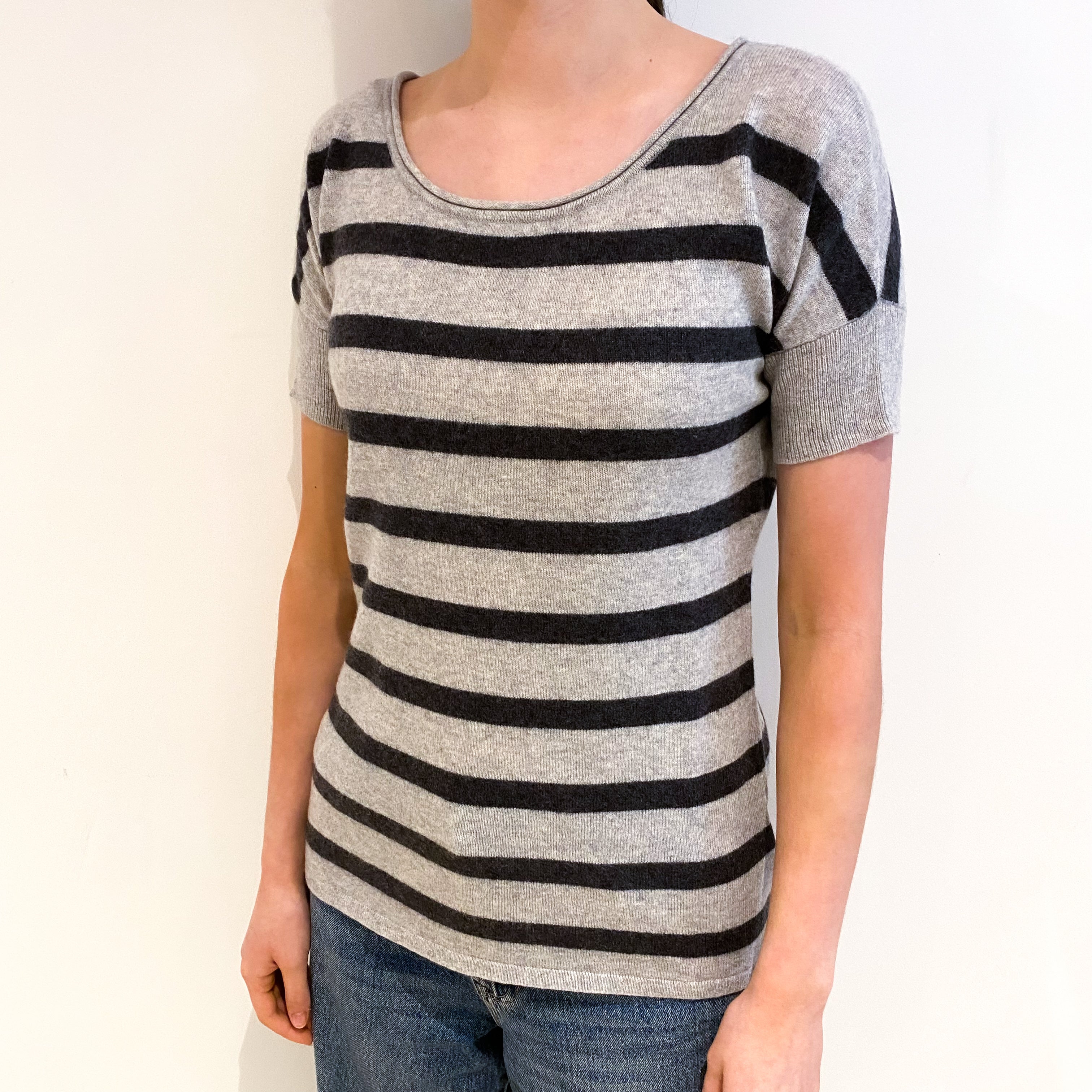 Grey Striped Cashmere Scoop Neck Short Sleeved Jumper Extra Small