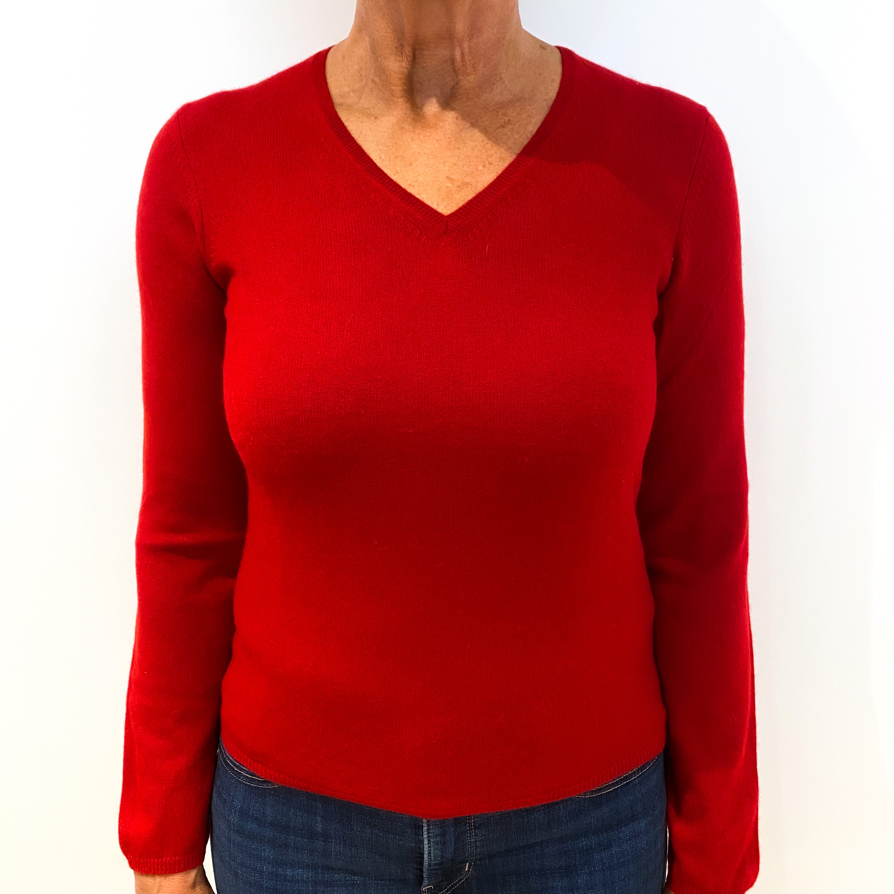 Post Box Red Cashmere V-Neck Jumper Medium