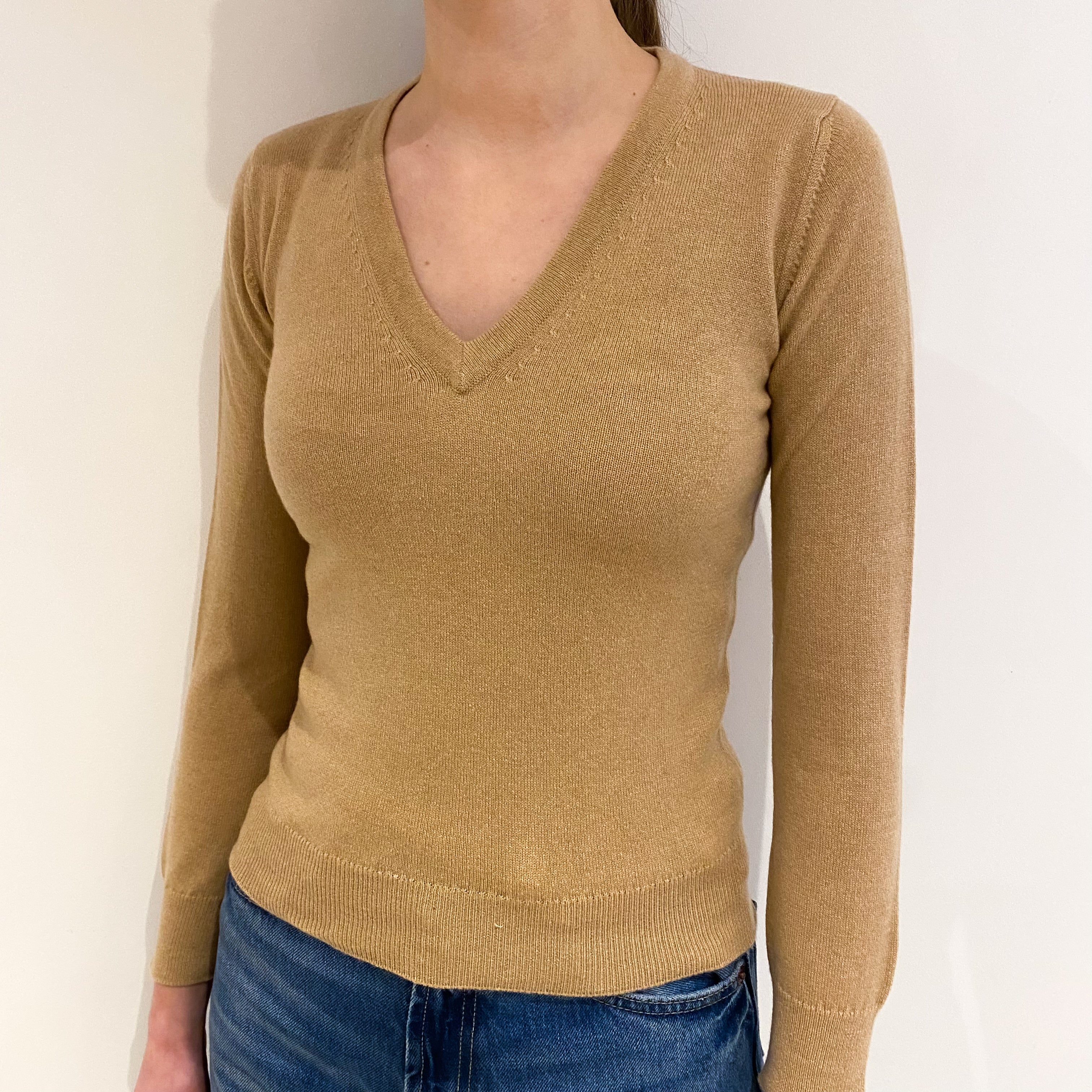 New Scottish Camel Brown Cashmere V Neck Jumper Extra Extra Small