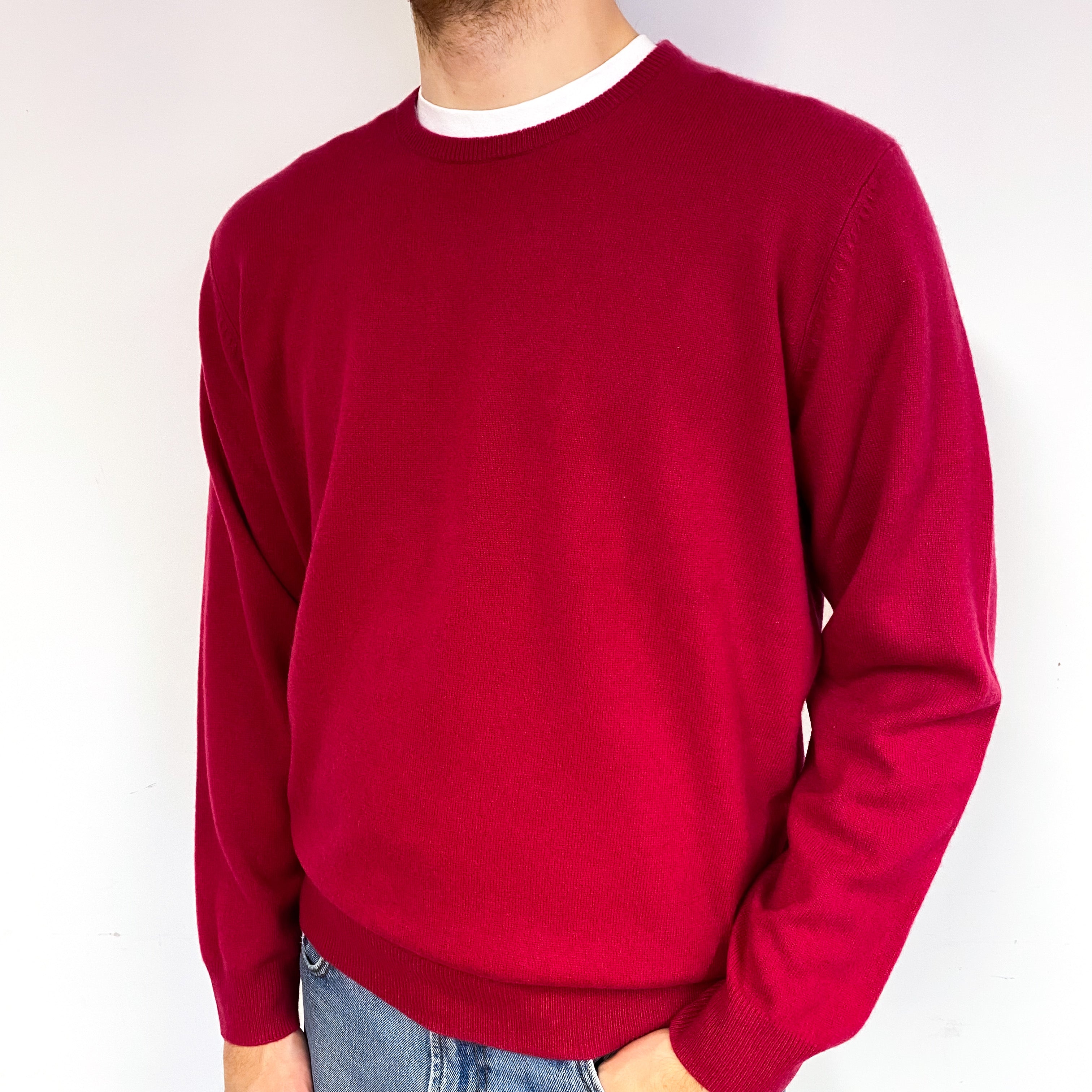 Men's Ruby Red Cashmere Crew Neck Jumper Large