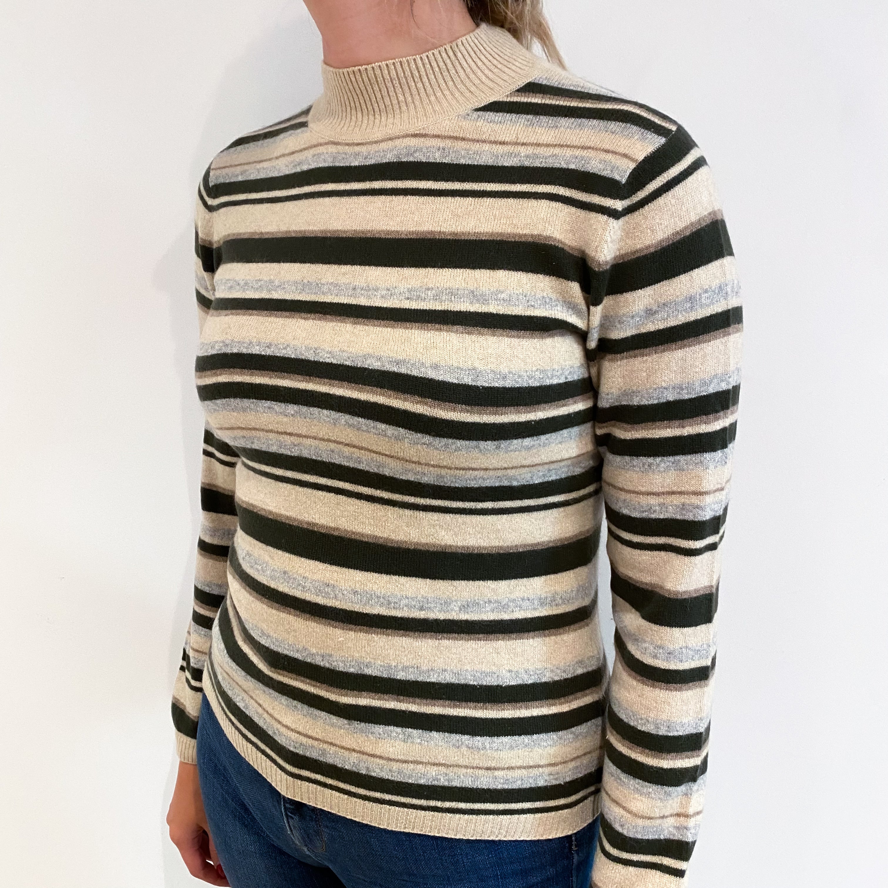 Oatmeal and Khaki Stripe Cashmere Turtle Neck Jumper Small