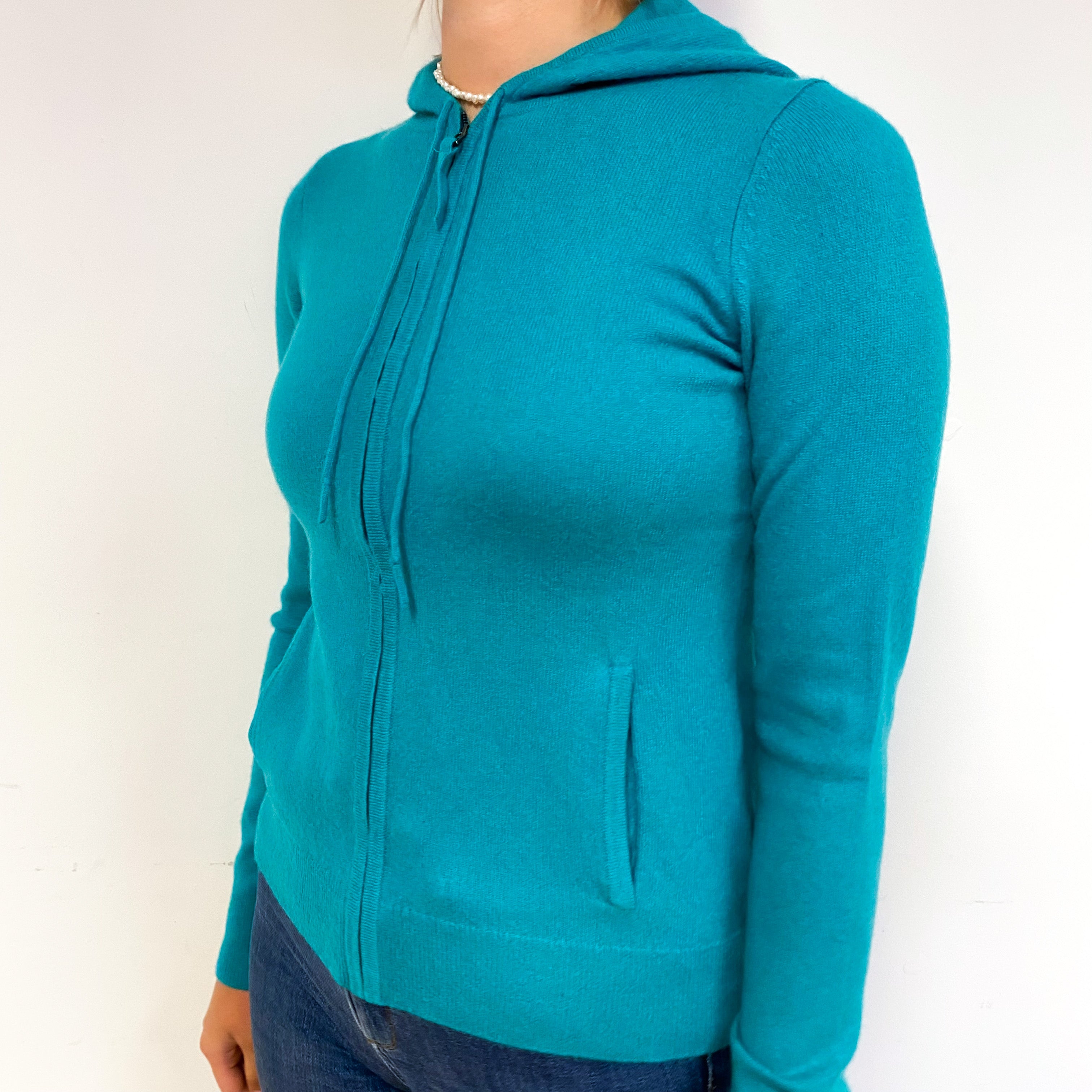 Turquoise Green Cashmere Zip Up Hoodie Cardigan Small