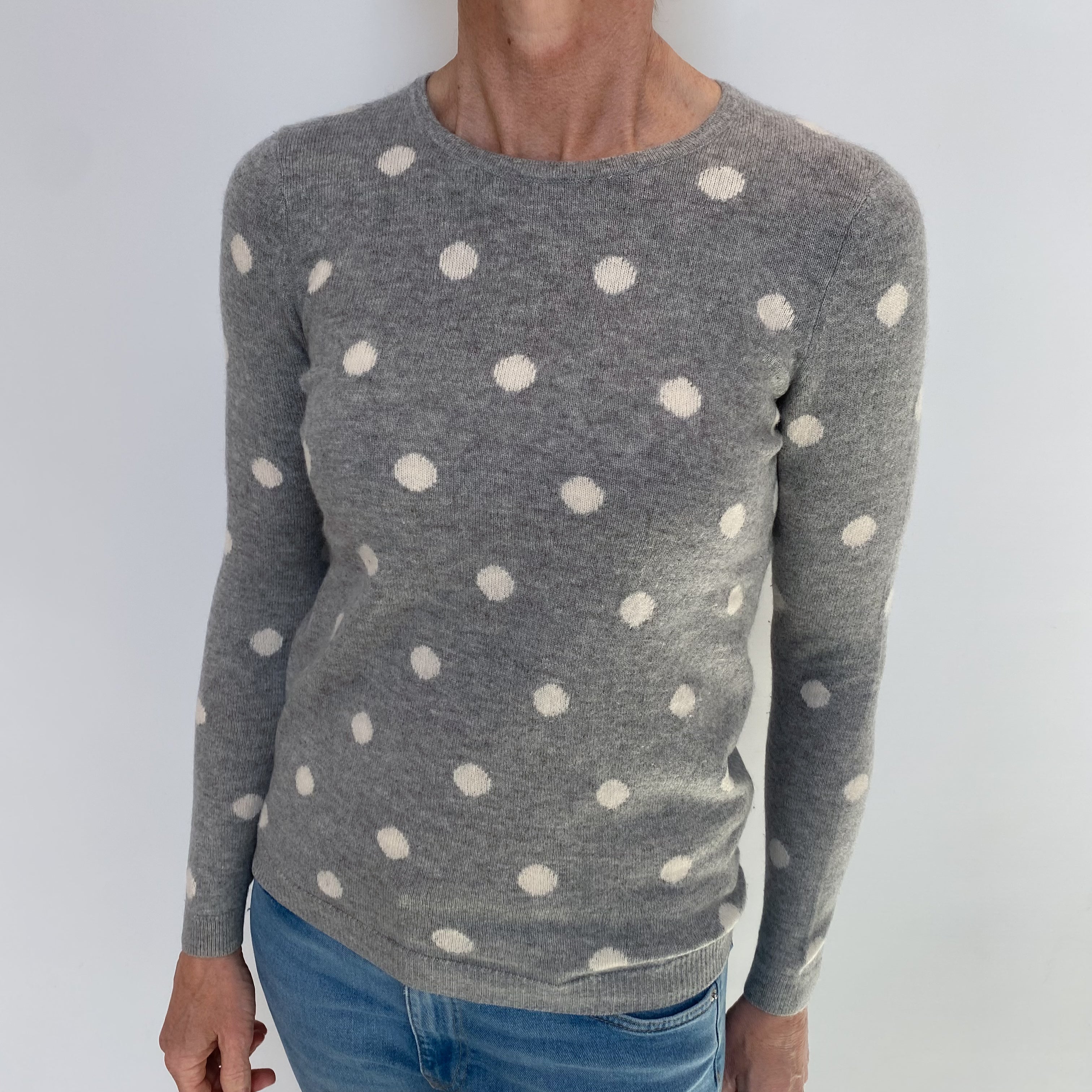 Grey Ivory Dotty Cashmere Crew Neck Jumper Small