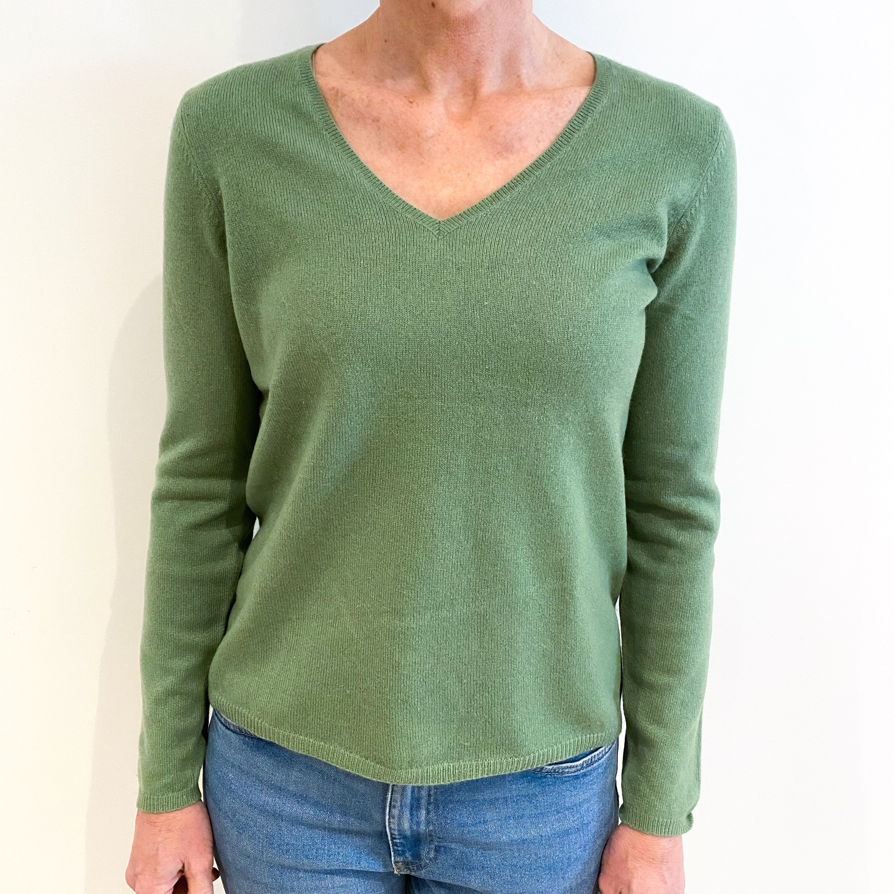 Pickle Green Cashmere V Neck Jumper Small