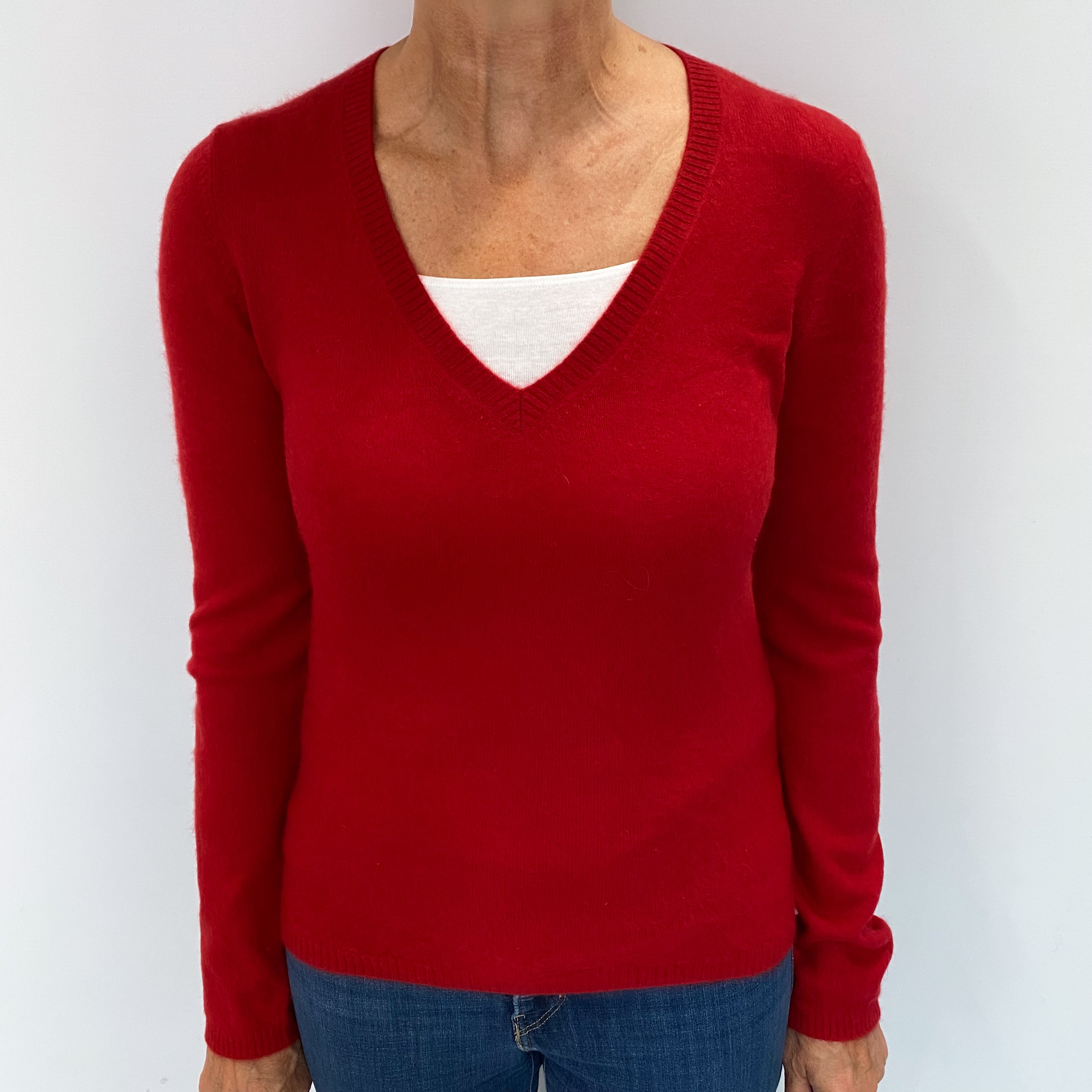 Crimson Red Cashmere Low V Neck Jumper Medium