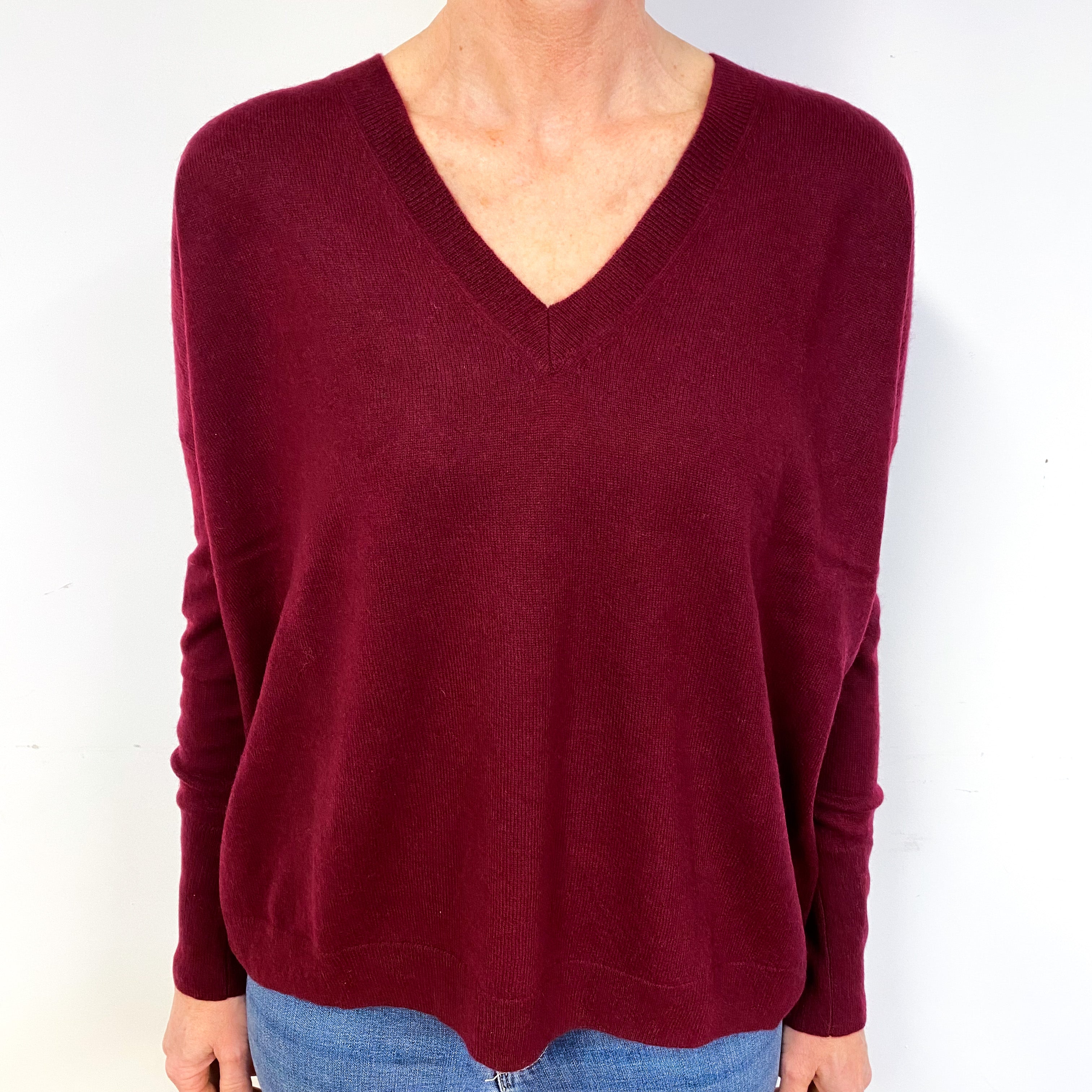 Claret Cashmere V-Neck Jumper Medium