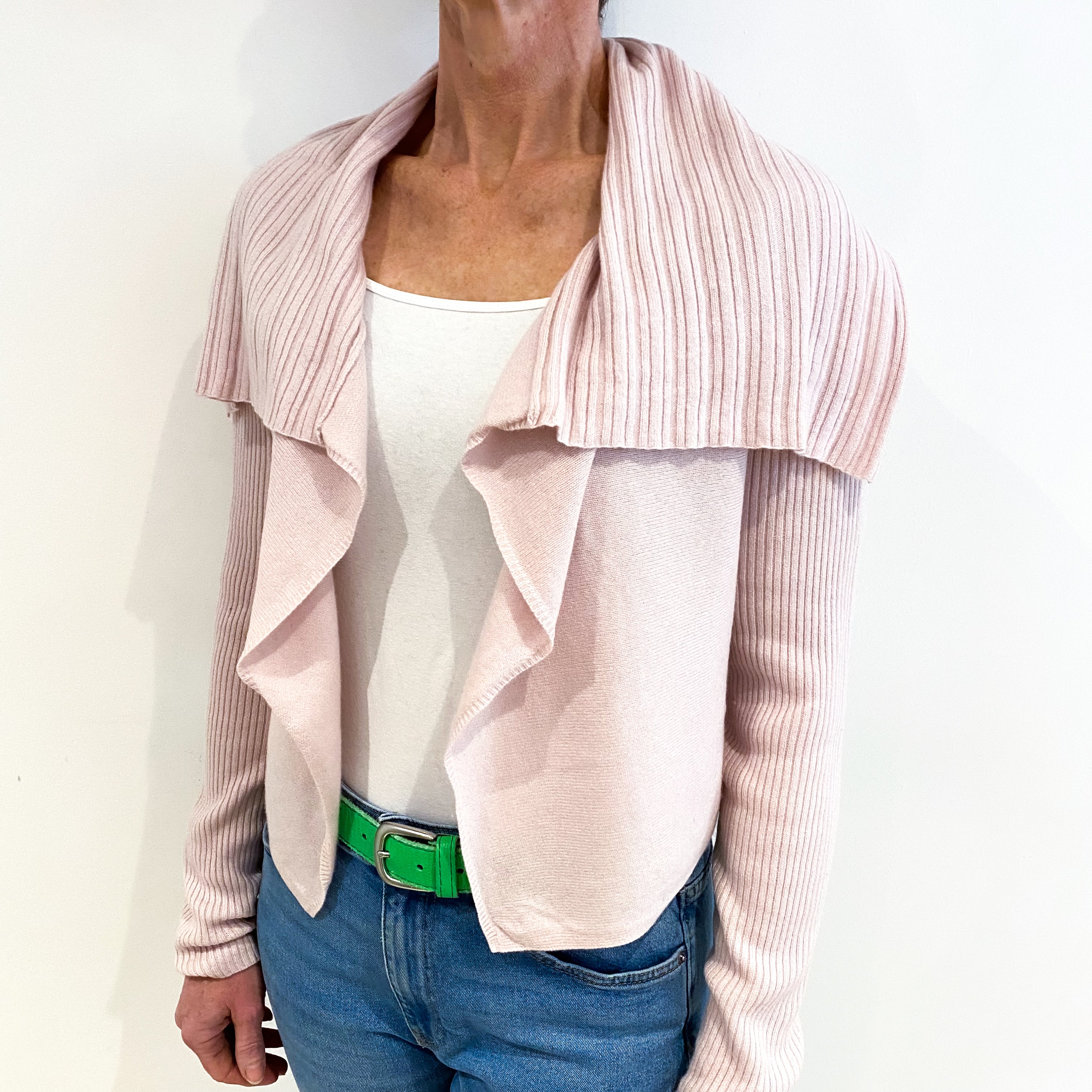 Ice Pink Cashmere Edge to Edge Ribbed Collar Cardigan Small