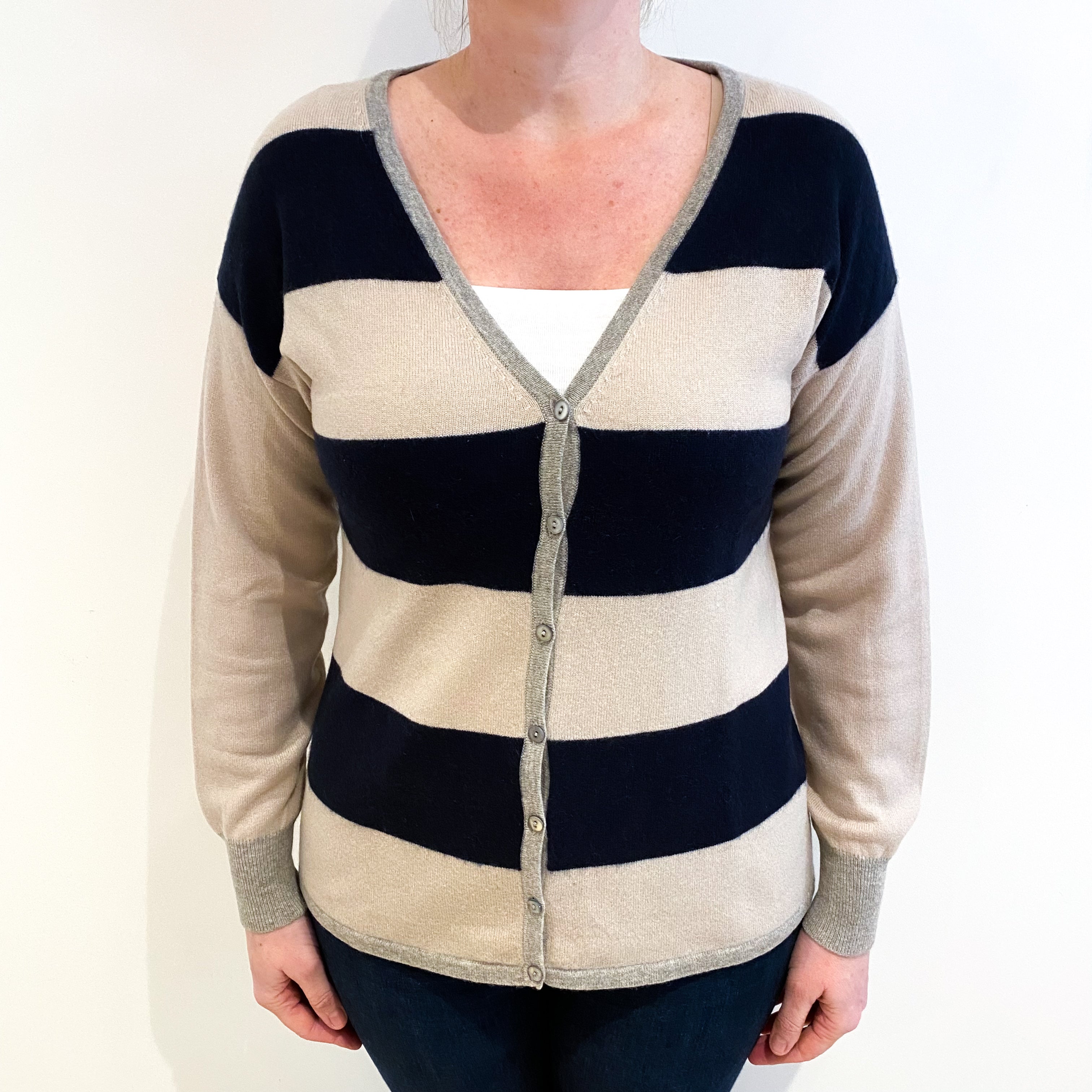 Navy and Beige Striped Cashmere V Neck Cardigan Large