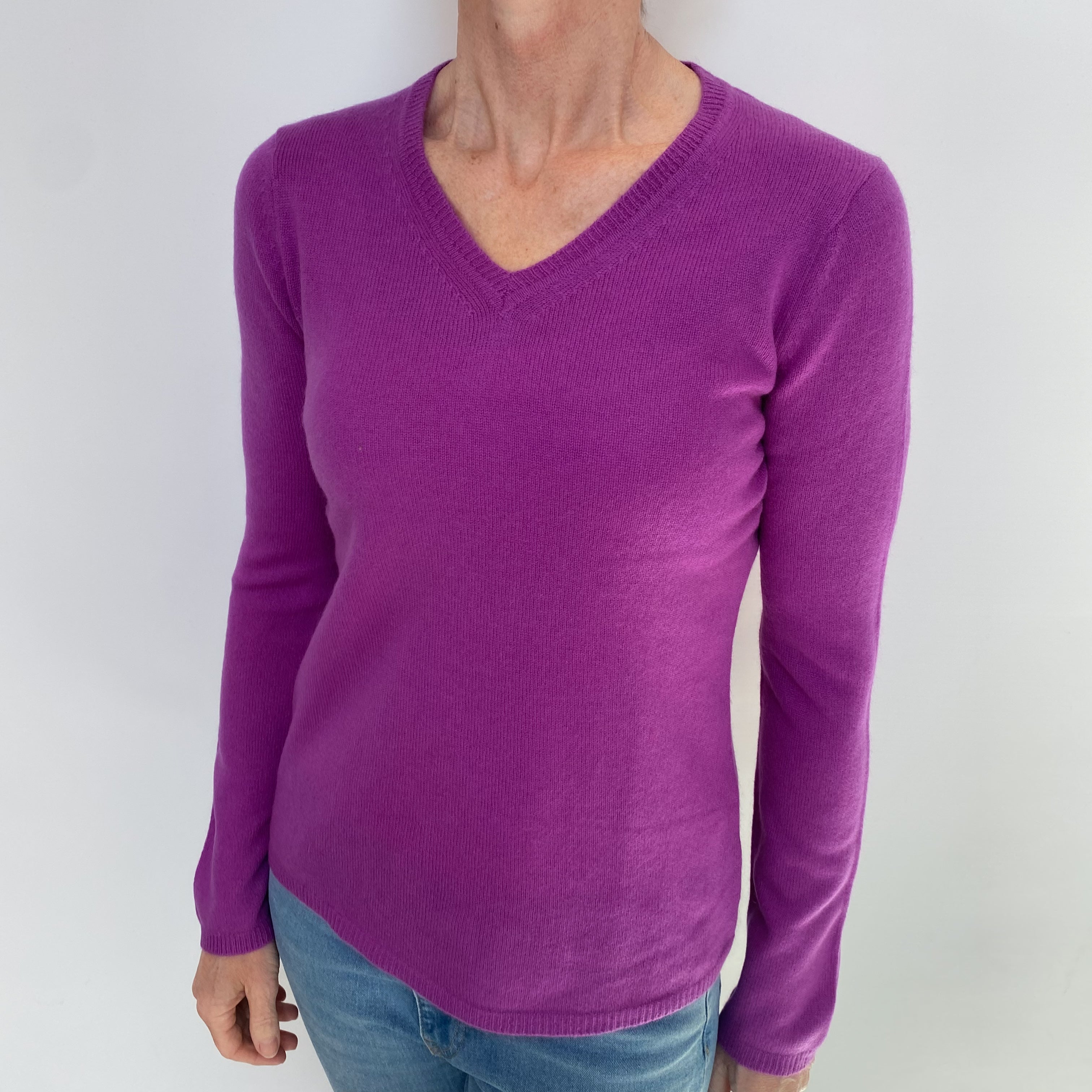 Magenta Purple Cashmere V Neck Jumper Small