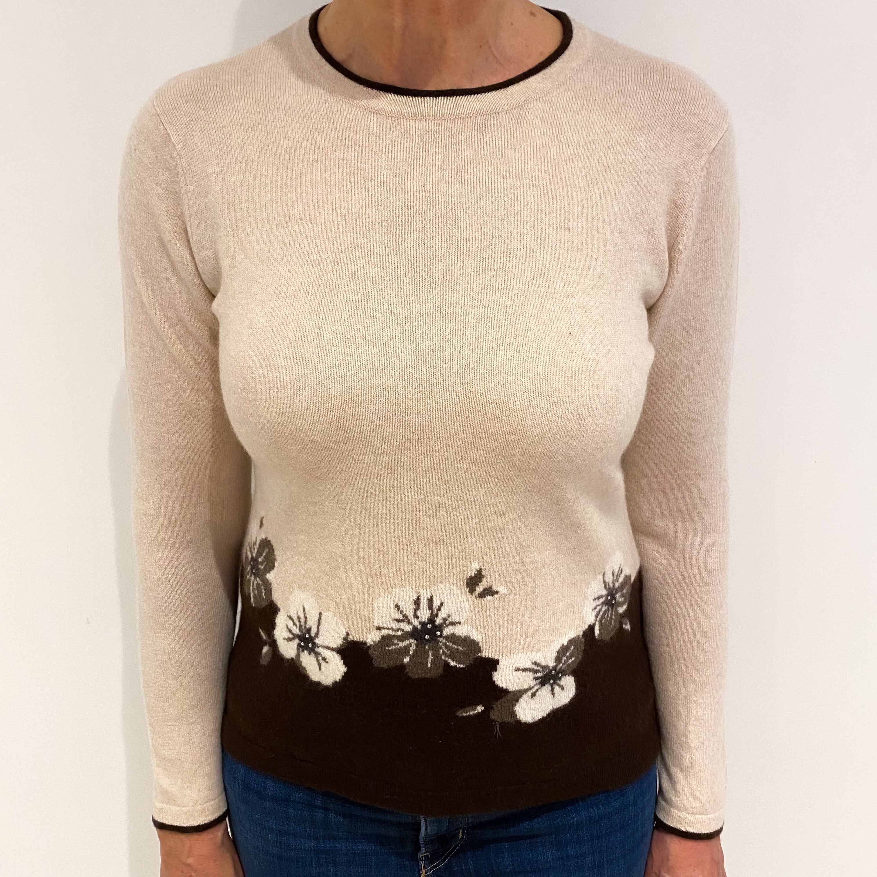 Oatmeal and Brown Floral Cashmere Crew Neck Jumper Medium