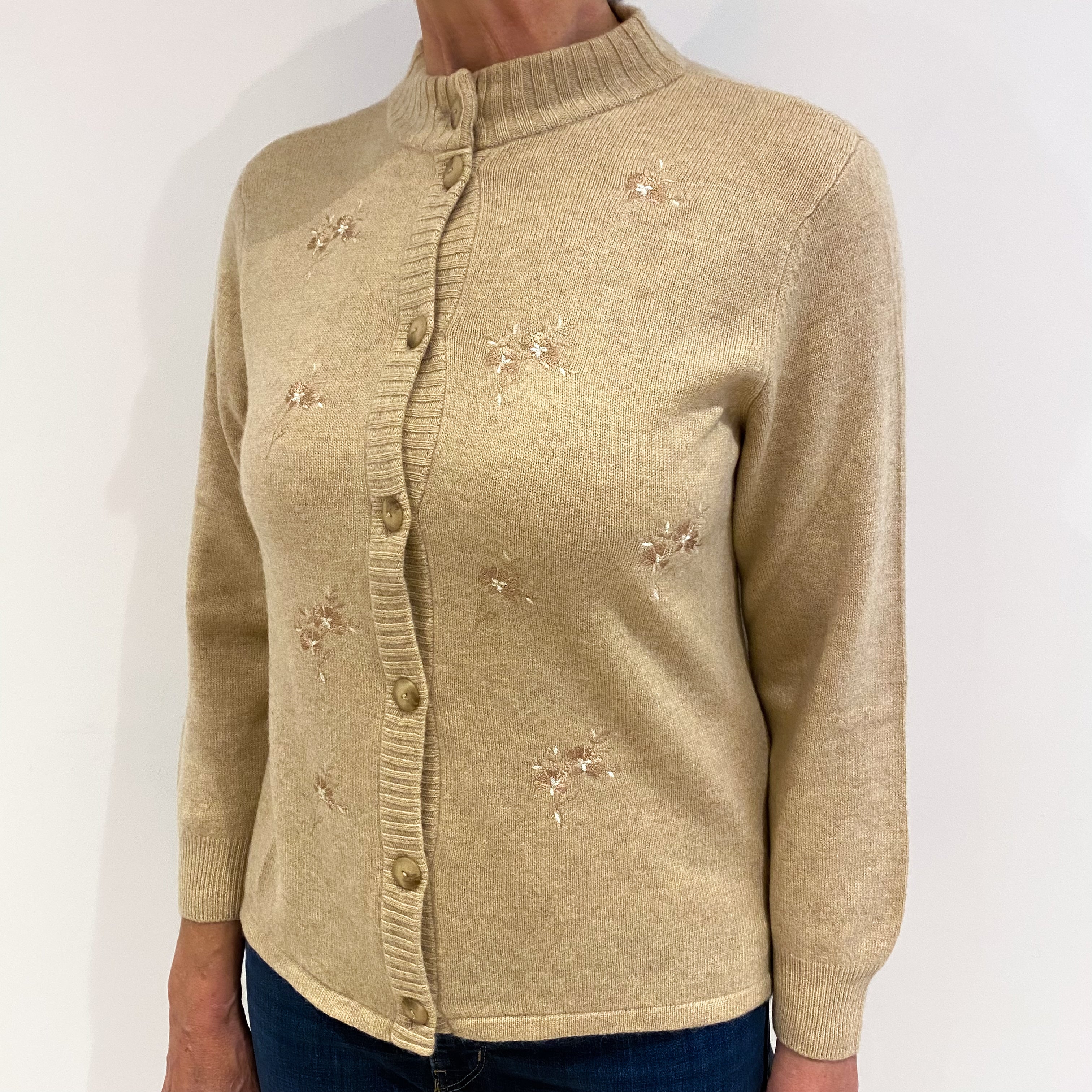 Honey Beige Embroidered Cashmere Turtle Cardigan Medium