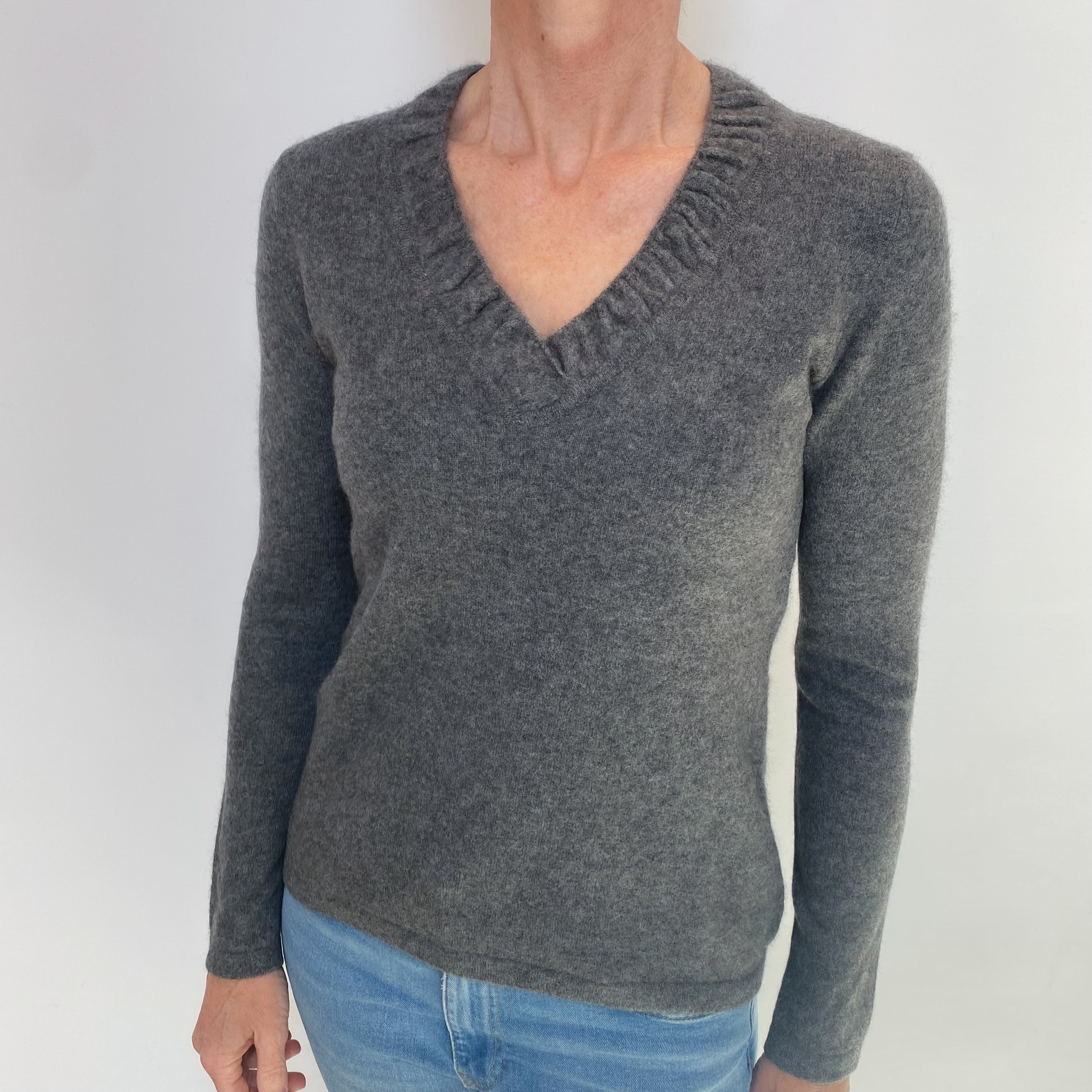 Slate Grey Cashmere Ruched V Neck Jumper Small