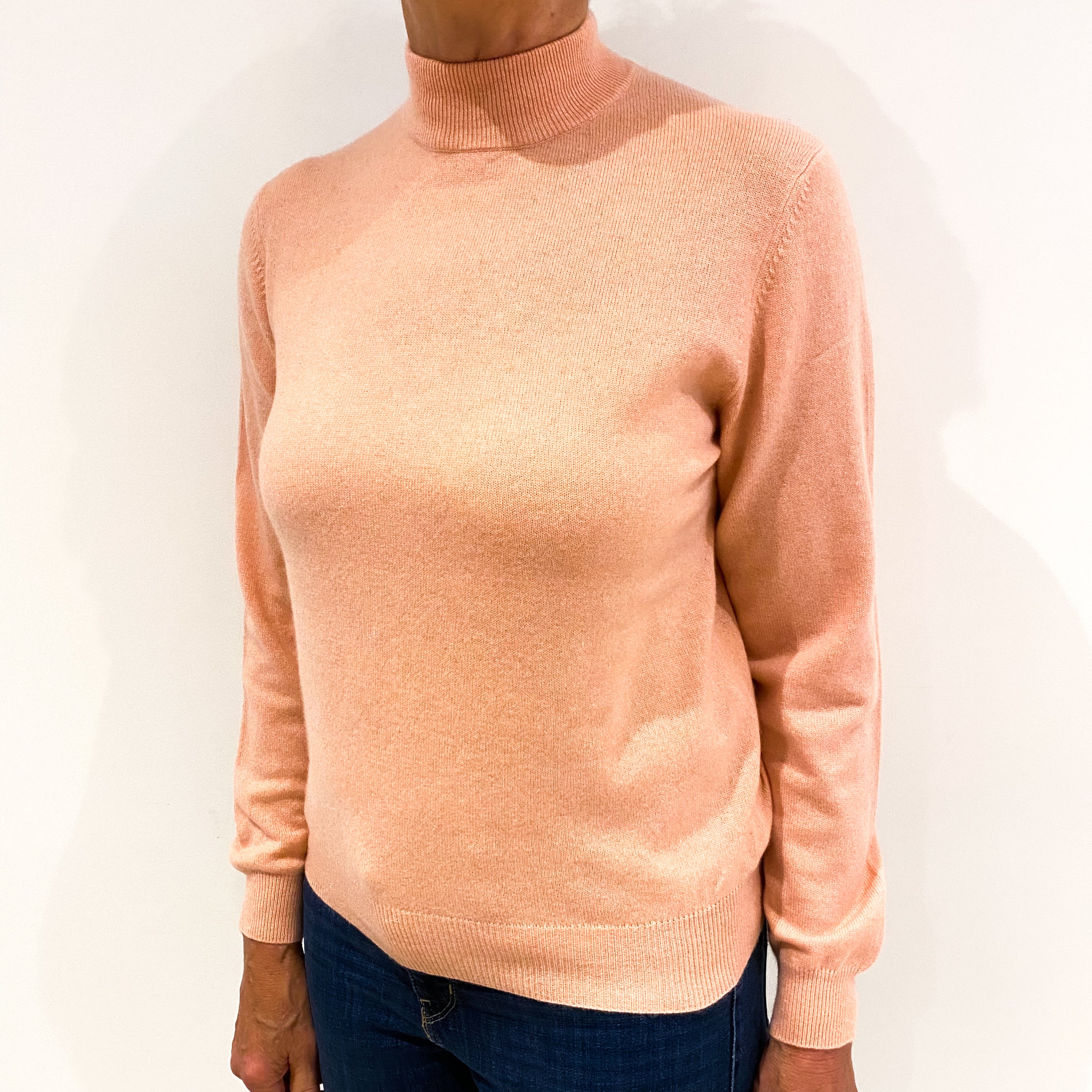 Salmon Pink Cashmere Polo Neck Jumper Medium