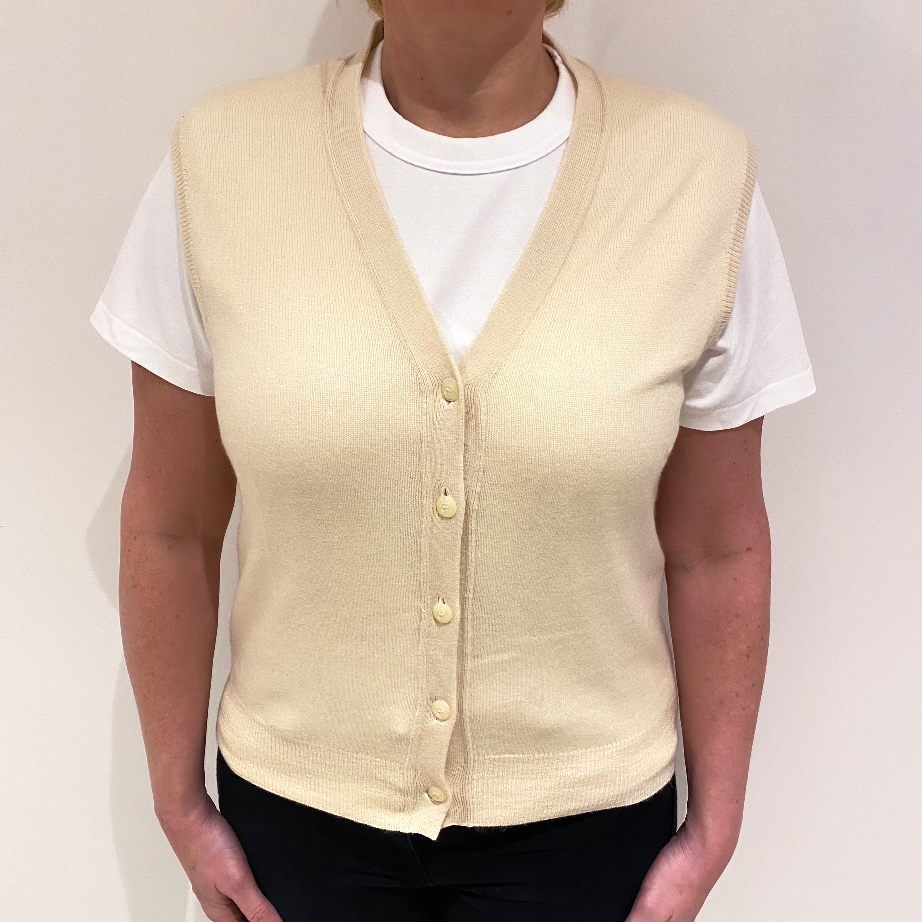 Vanilla Cream Cashmere V Neck Waistcoat Large