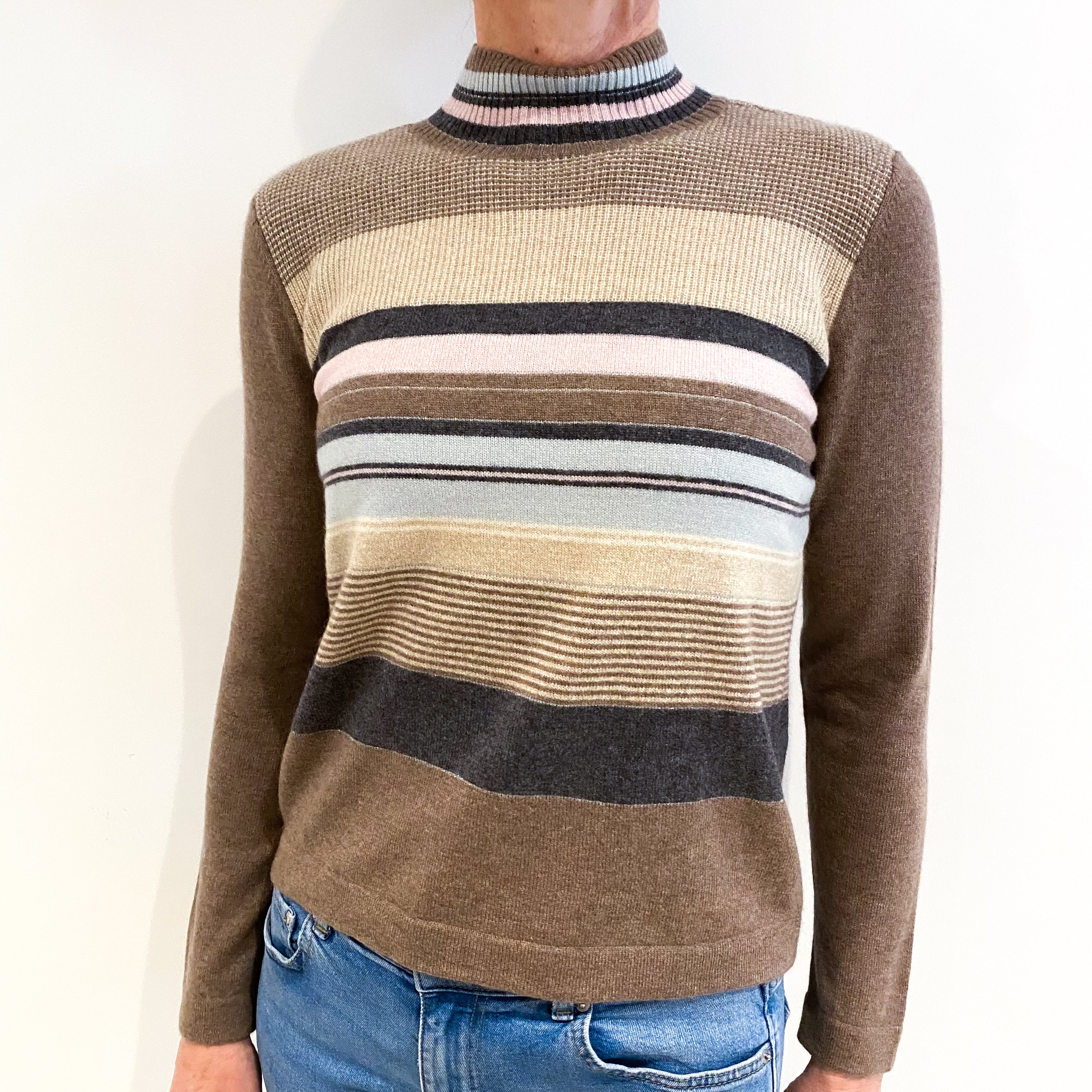 Mocha And Pastel Stripe Cashmere Turtle Neck Jumper Small