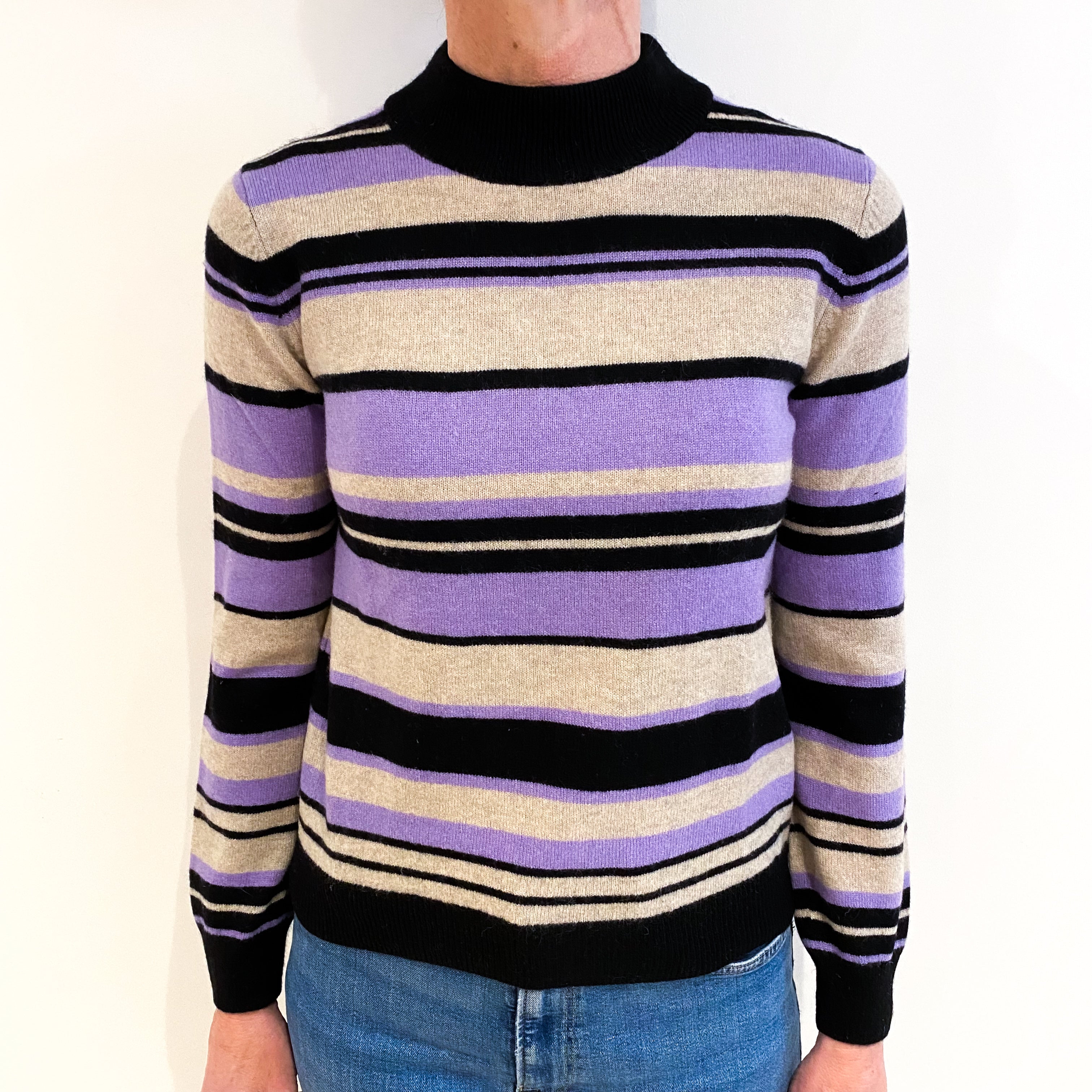 Black With Purple And Grey Stripe Cashmere Turtle Neck Jumper Small