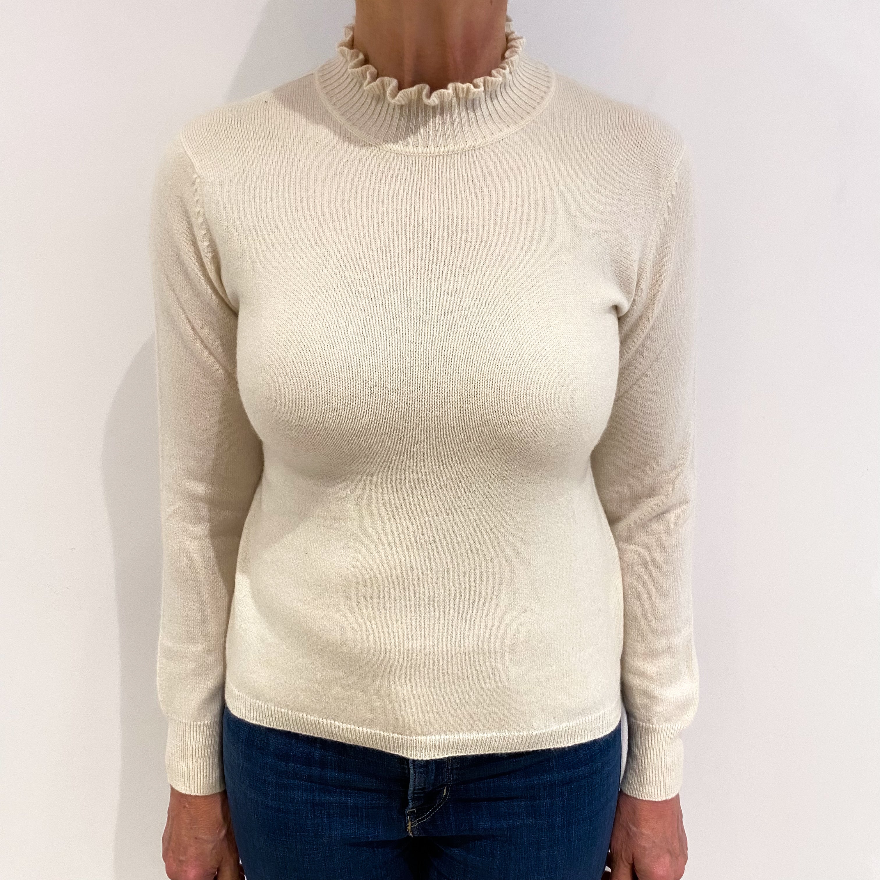 Vanilla Cream Cashmere Turtle Ruffle Neck Jumper Medium