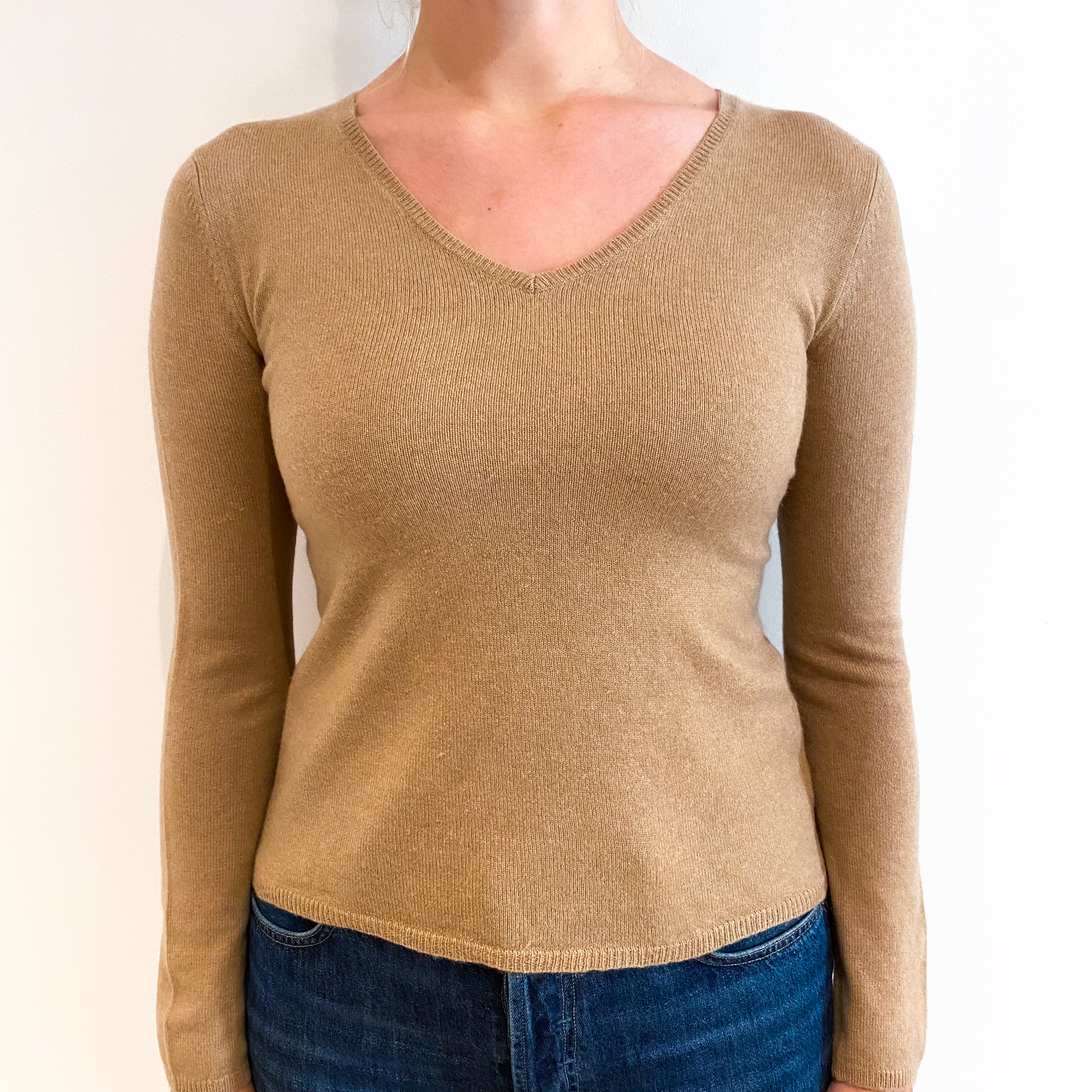 Camel Brown Cashmere V-Neck Jumper Small