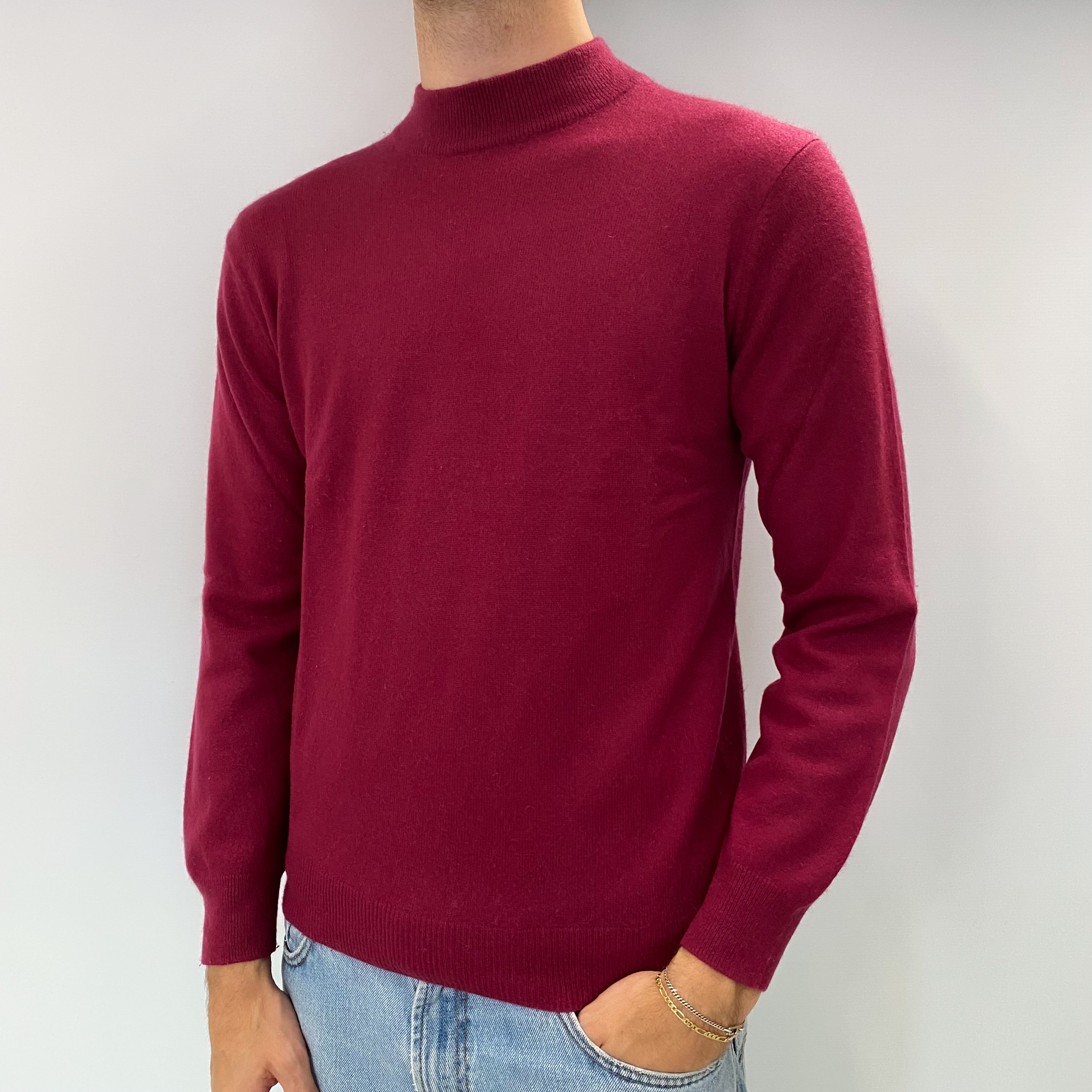 Men's Garnet Red Cashmere Turtle Neck Jumper Medium