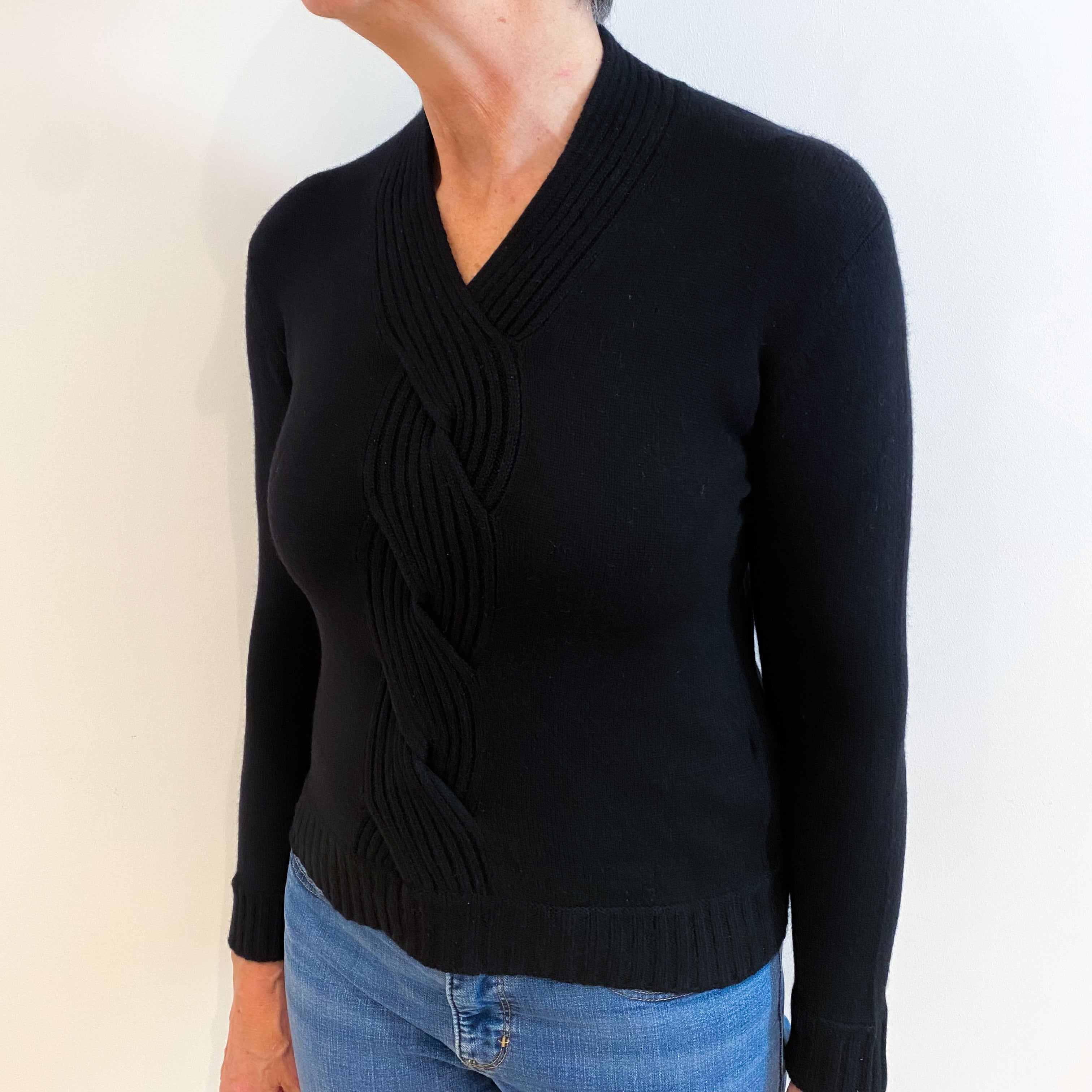 Black Cable Front Cashmere V Neck Jumper Medium