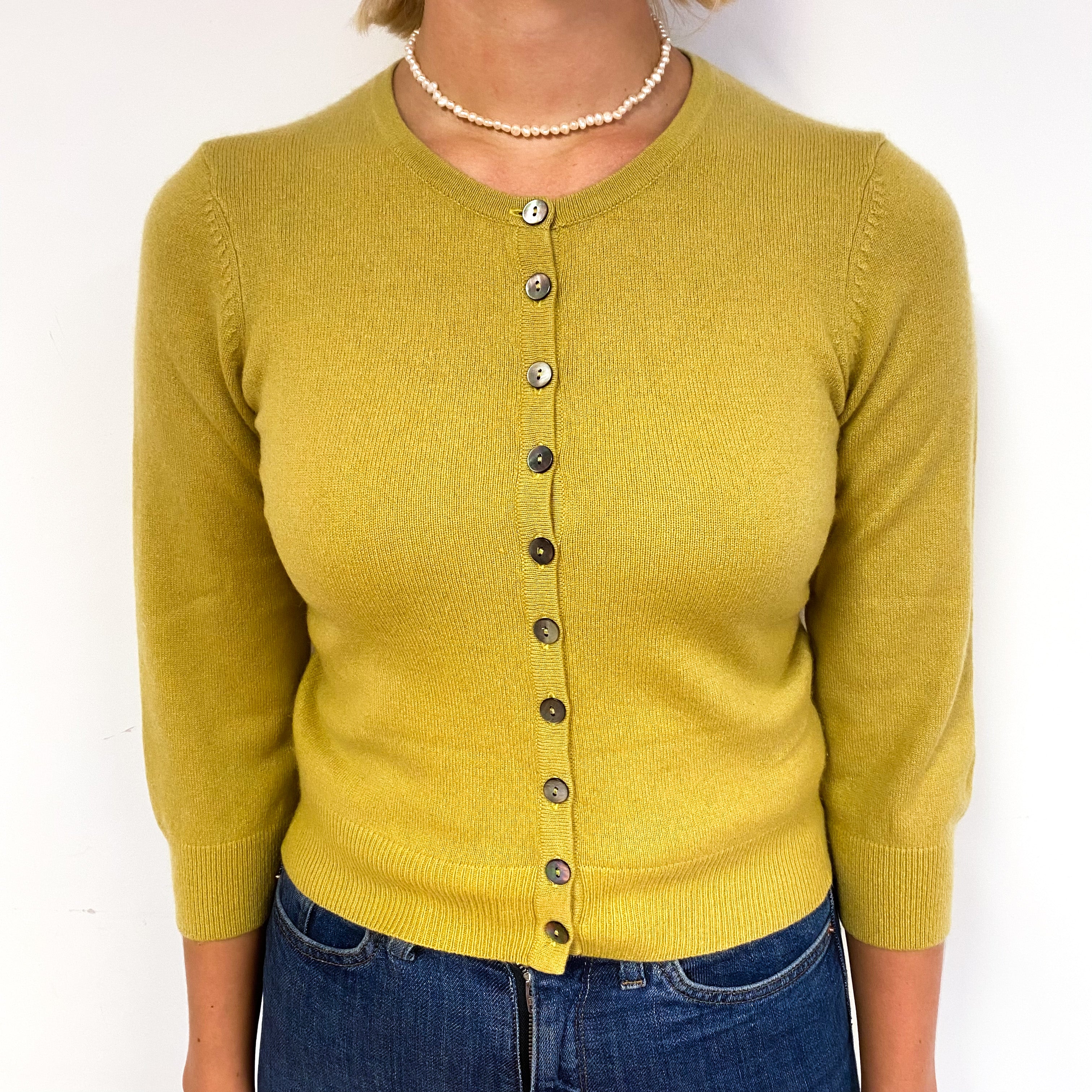 Dijon Mustard Yellow Cashmere Crew Neck Cardigan Small