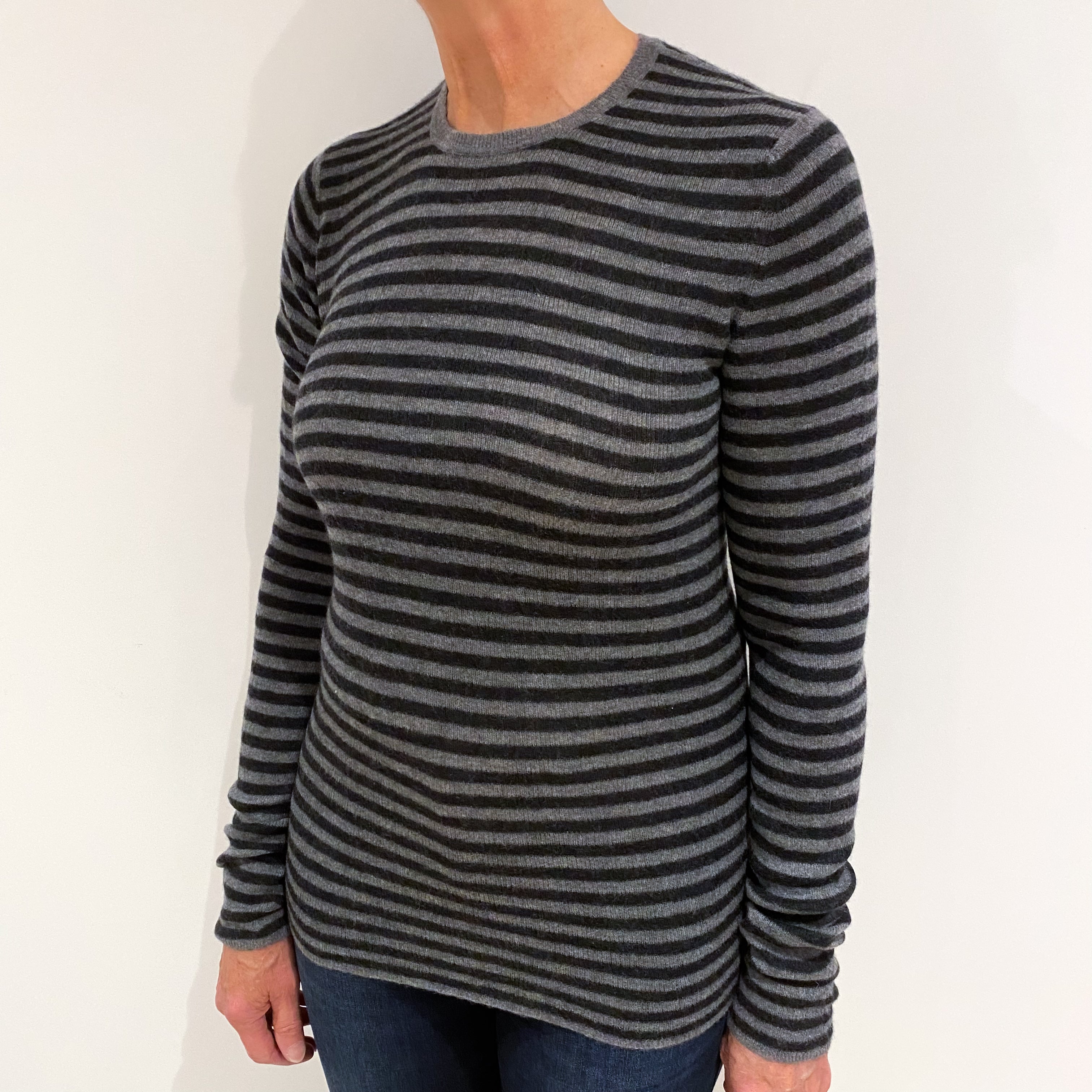 Vince Grey Stripe Cashmere Crew Neck Jumper Medium Tall