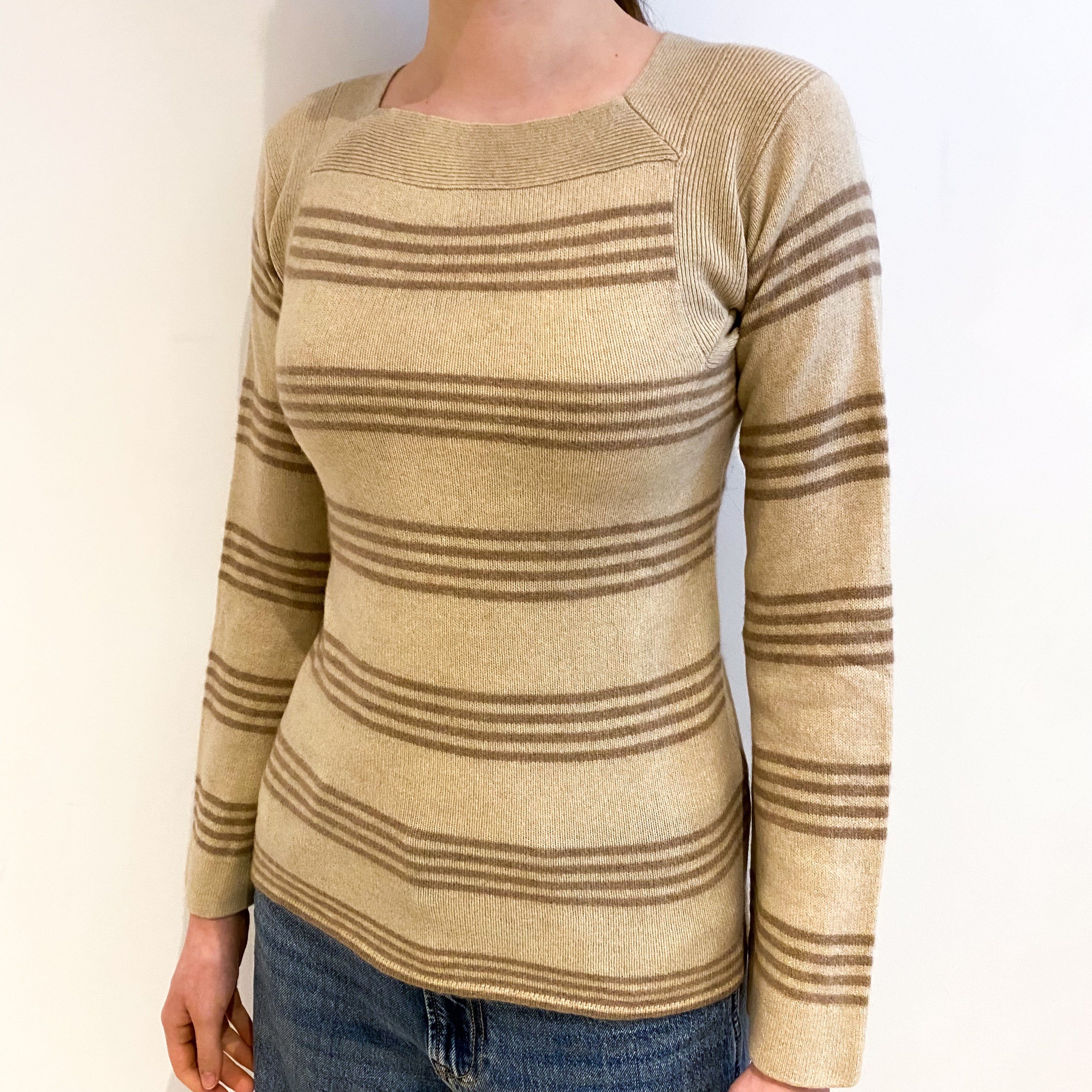 Sand and Toffee Stripe Cashmere Square Neck Jumper Extra Small