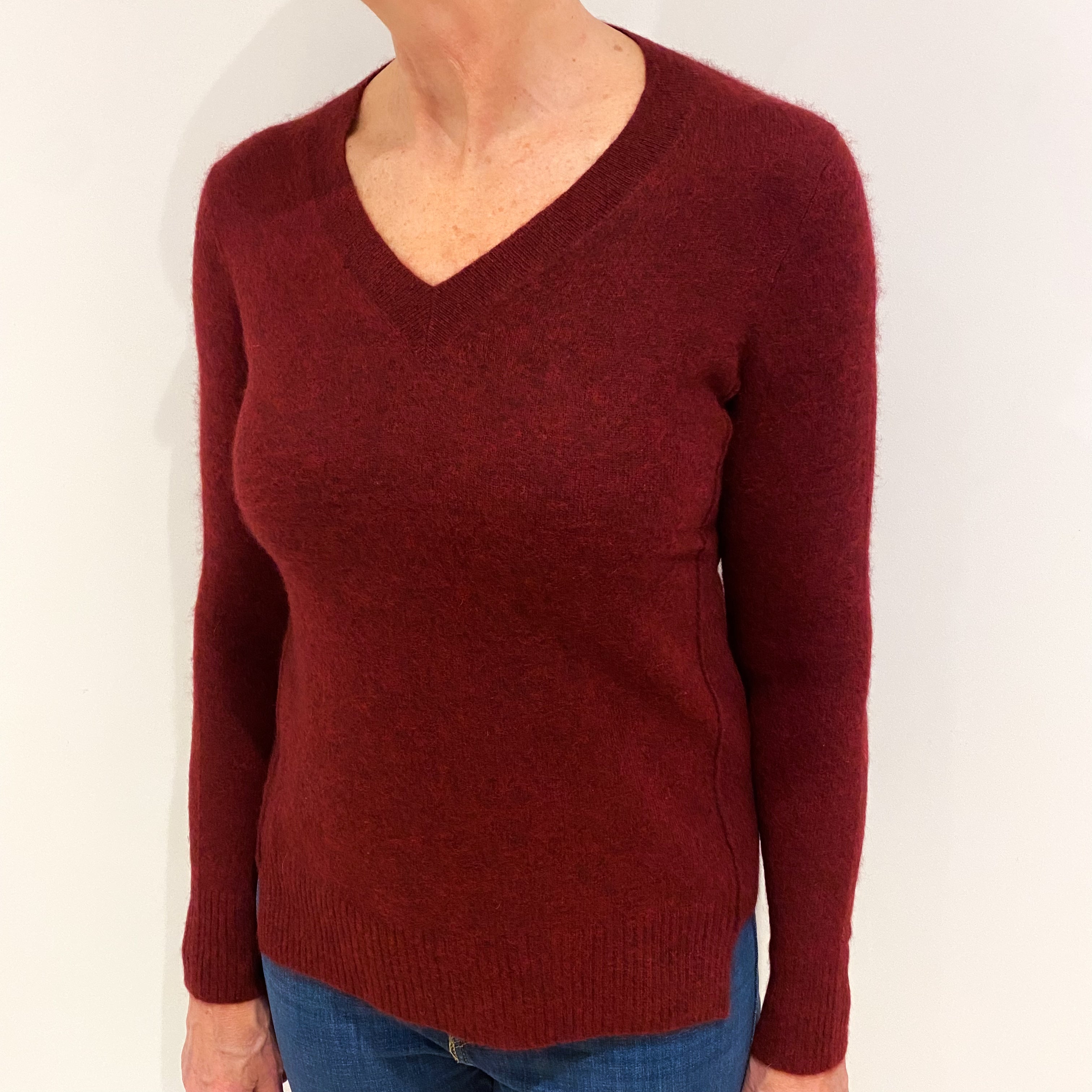 Wine Red Marl Cashmere V Neck Jumper Medium