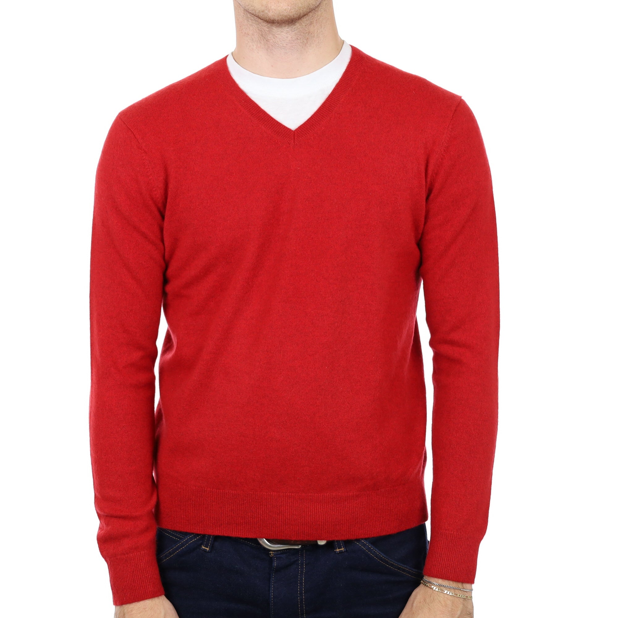 Men's Berry Red Cashmere V Neck Jumper Medium