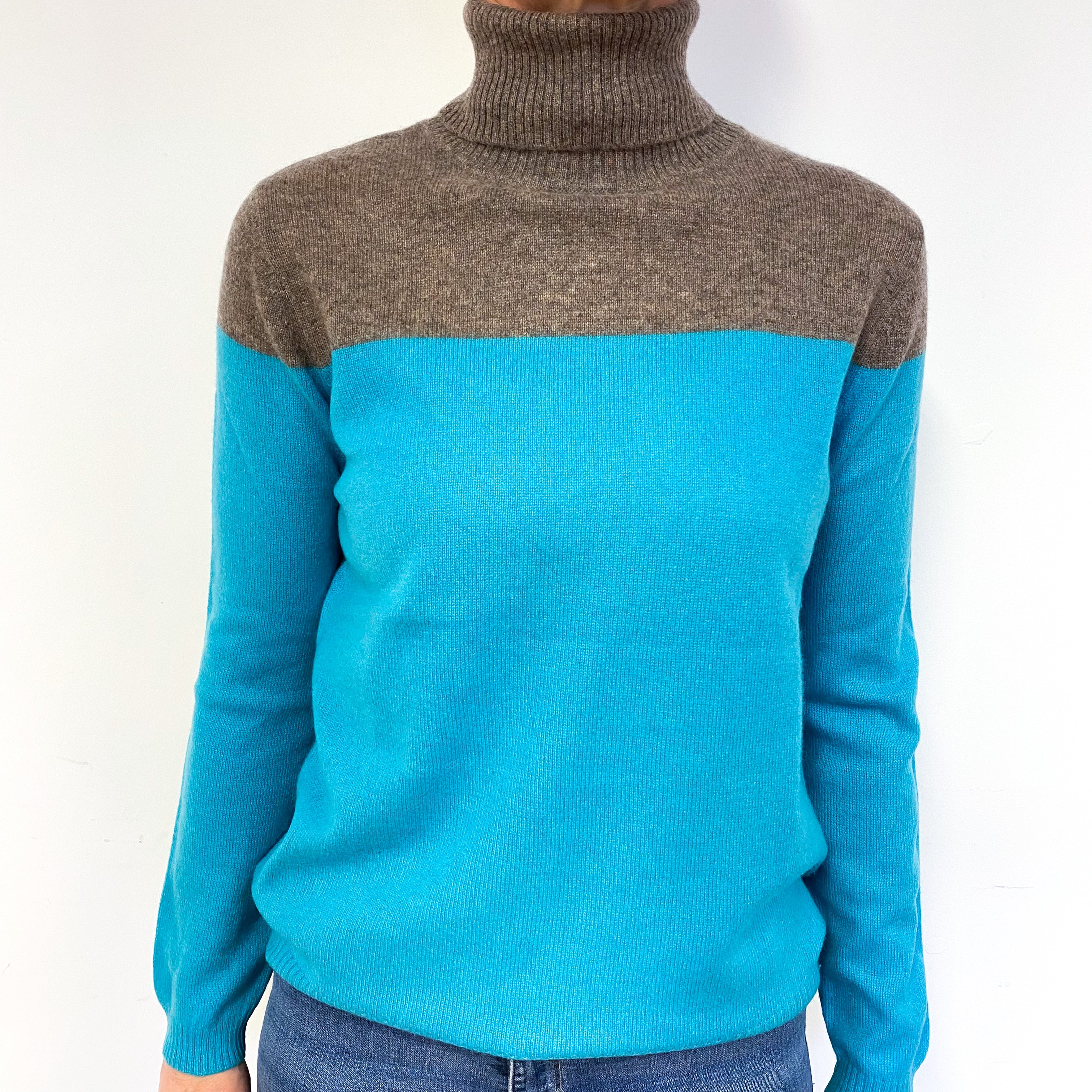 Turquoise Blue And Donkey Brown Cashmere Polo Neck Jumper Medium