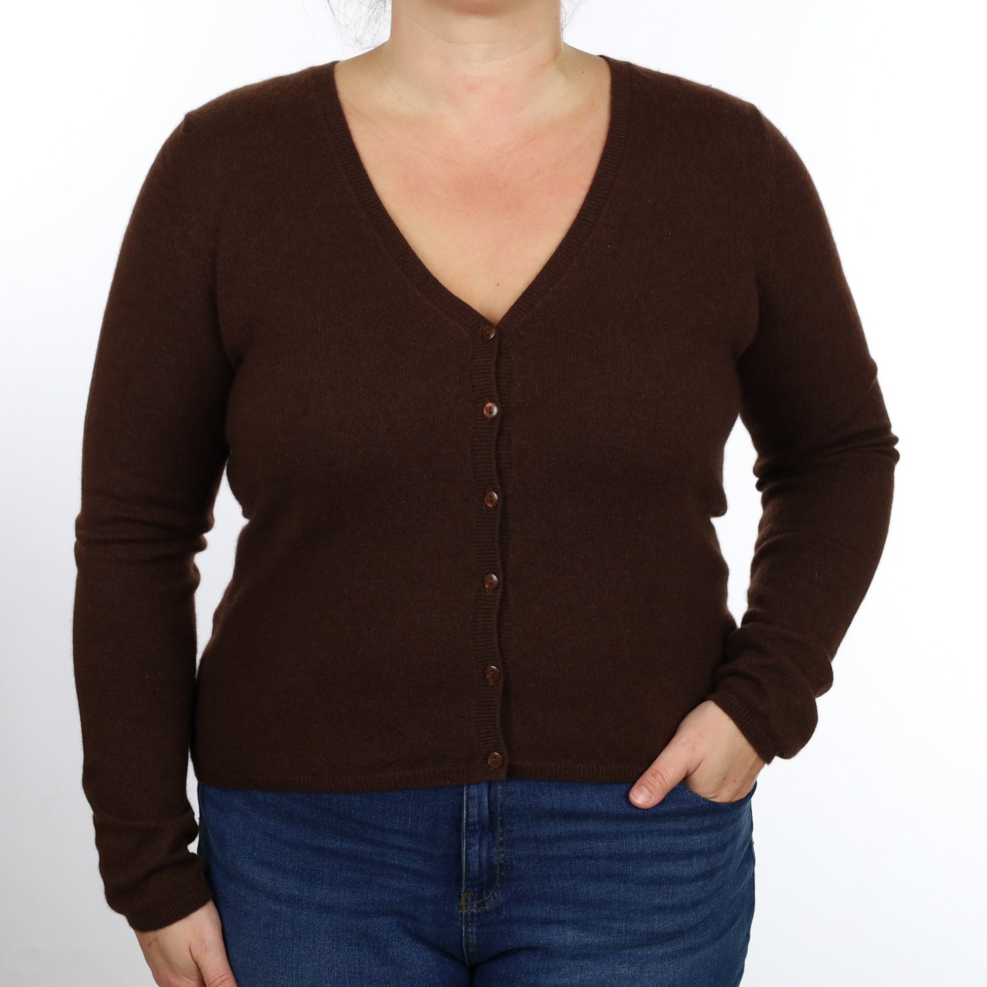 Chocolate outlets Brown V-Neck Upcycled 100% Cashmere V-Neck Cardigan with Embroidered Stitching