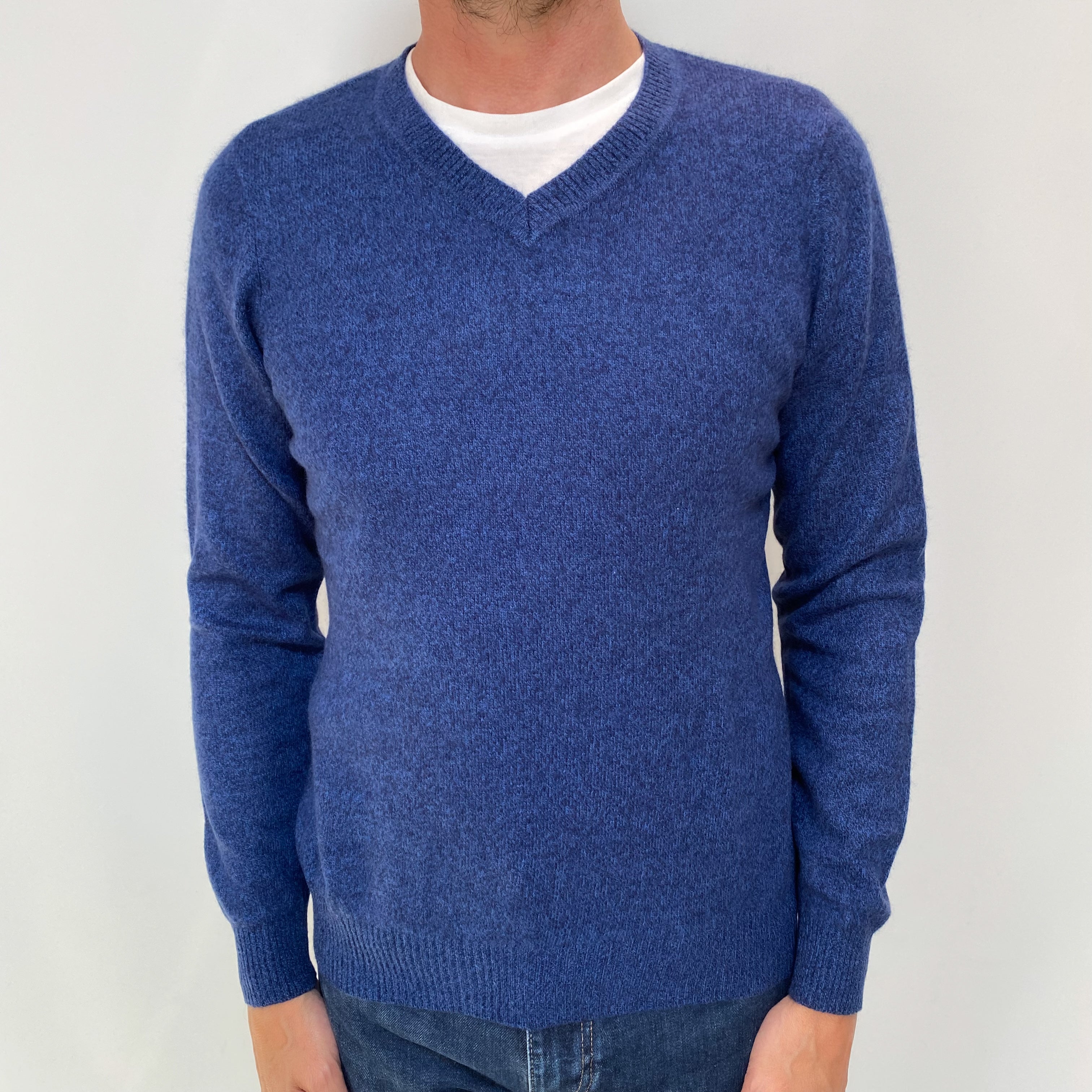 Men's Admiral Blue Marl Cashmere V Neck Jumper Small