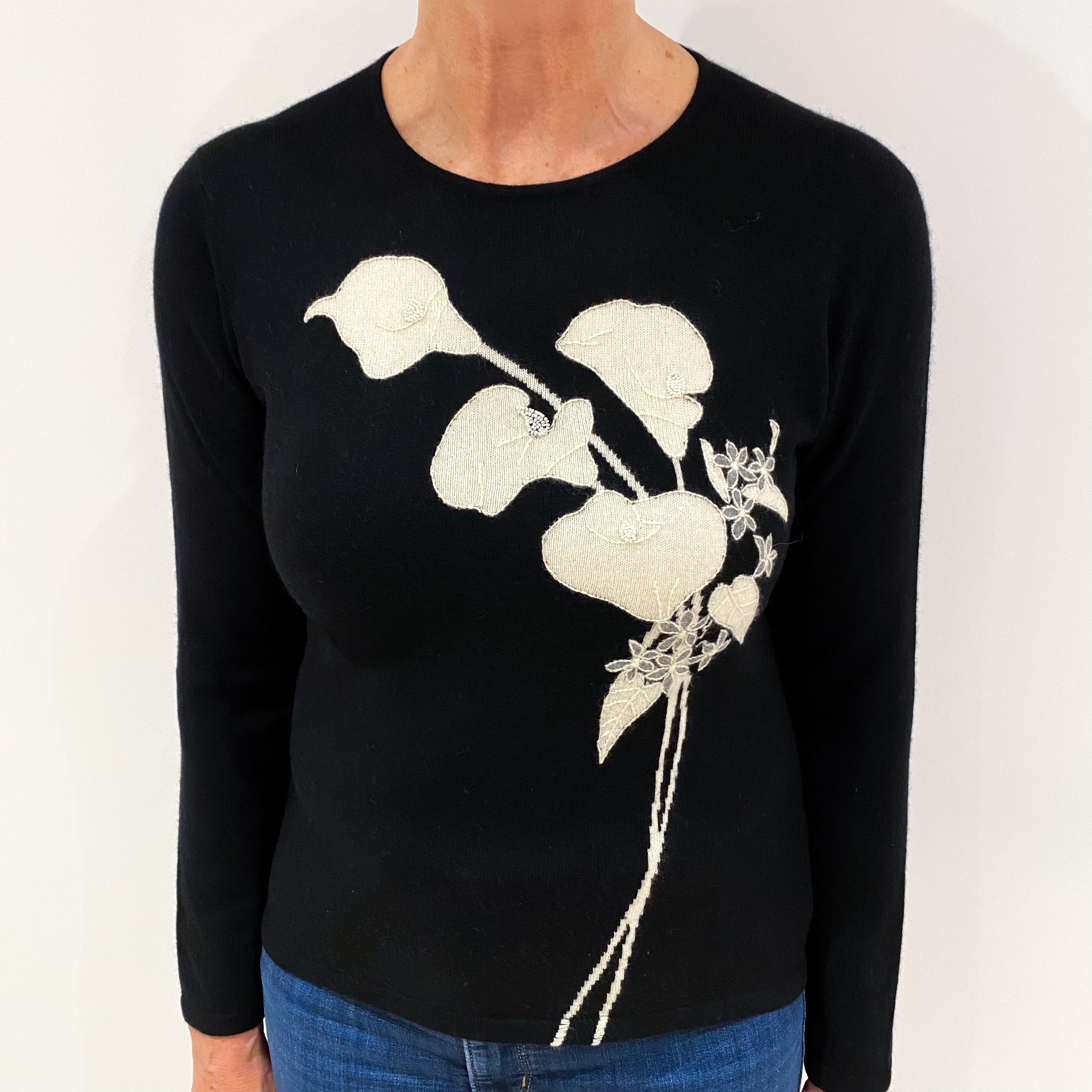 Black and Cream Floral Cashmere Crew Neck Jumper Medium