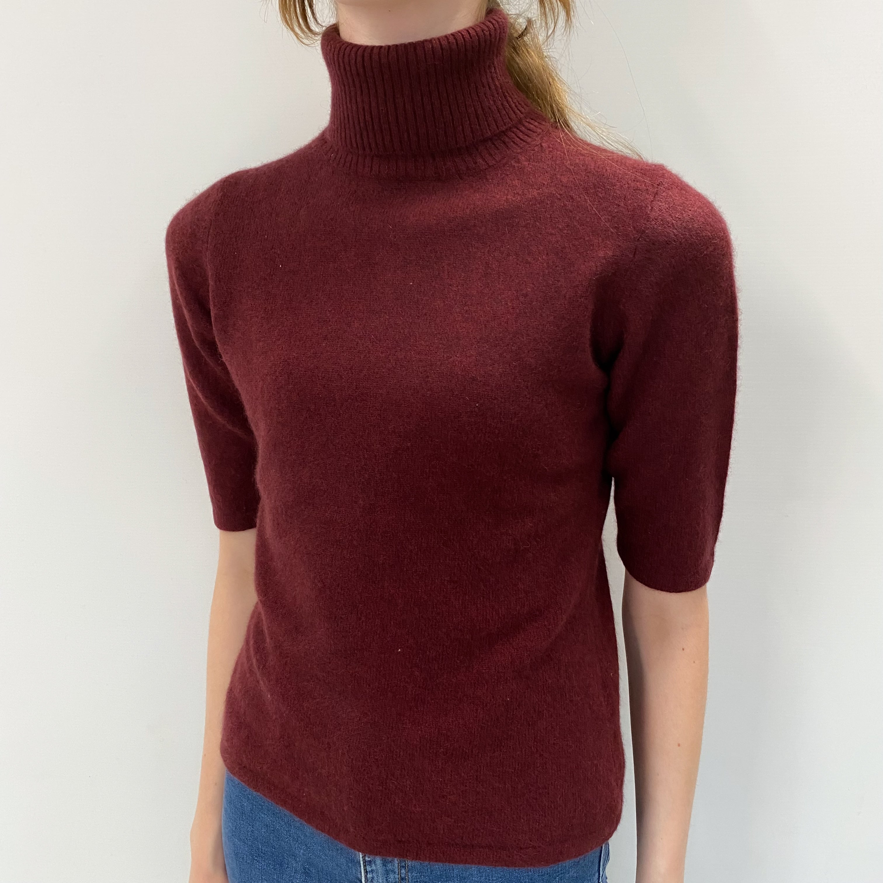 Wine Red Cashmere Short Sleeved Polo Neck Jumper Extra Small