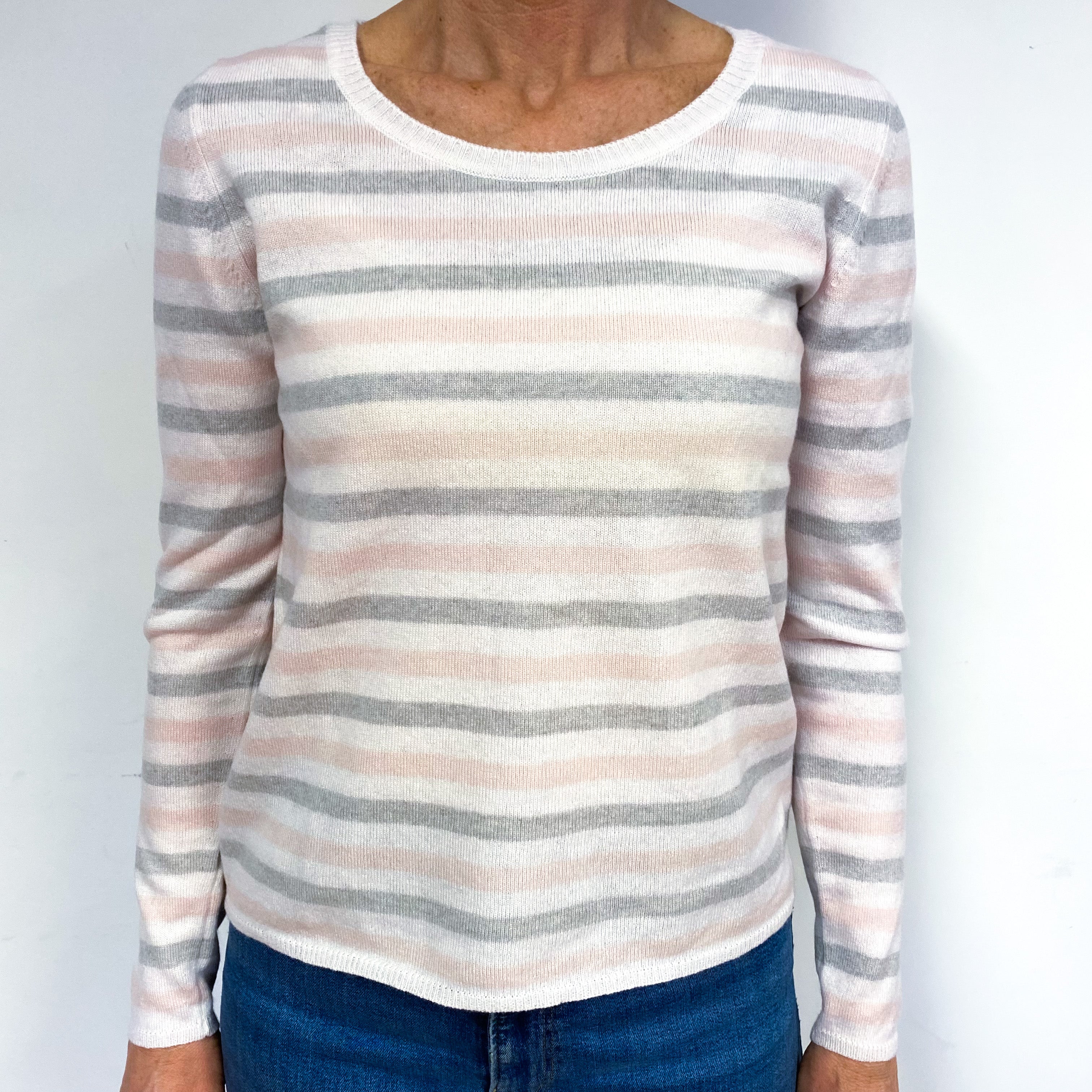 Vanilla Cream Striped Cashmere Crew Neck Jumper Medium