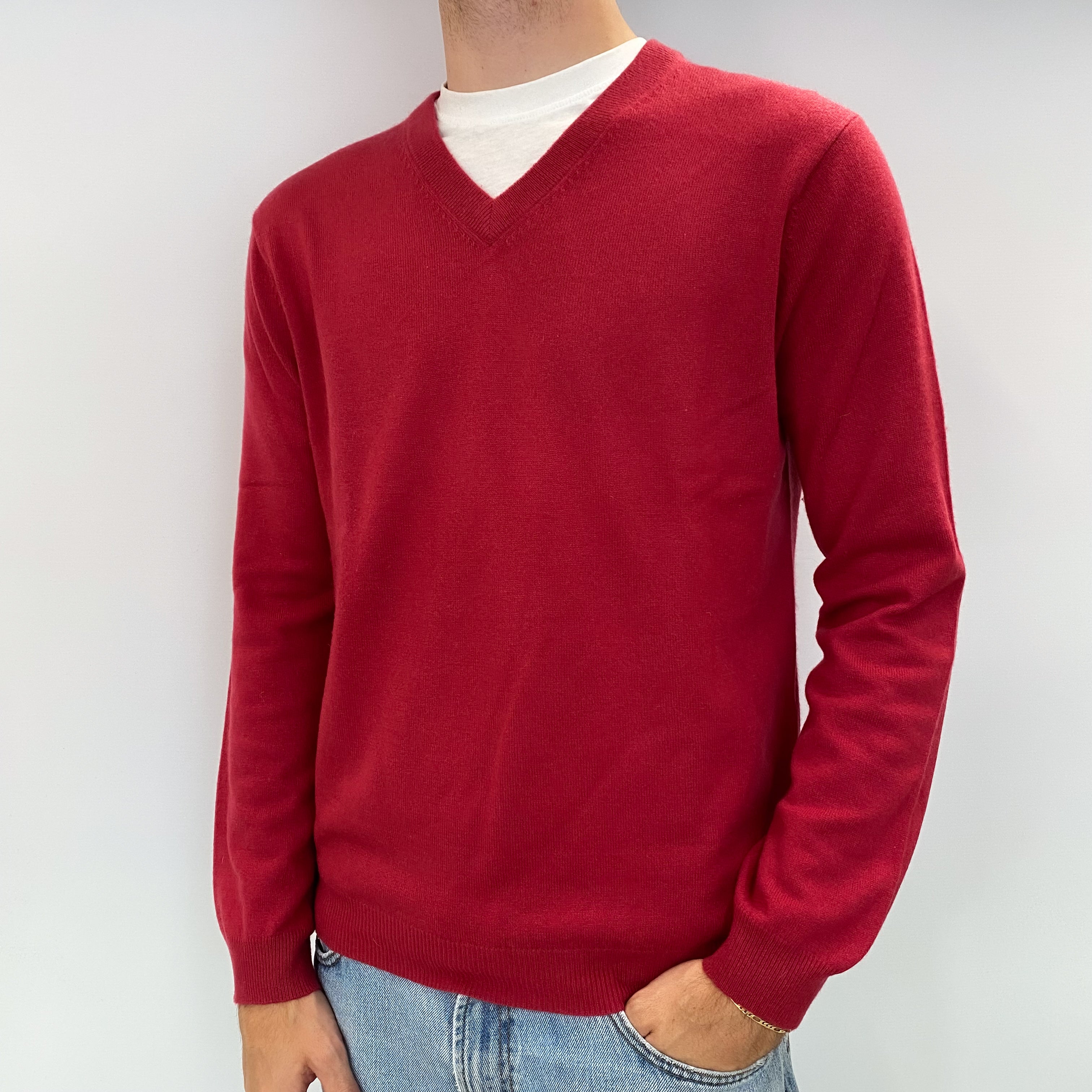 Men's Cranberry Red Cashmere V Neck Jumper Medium