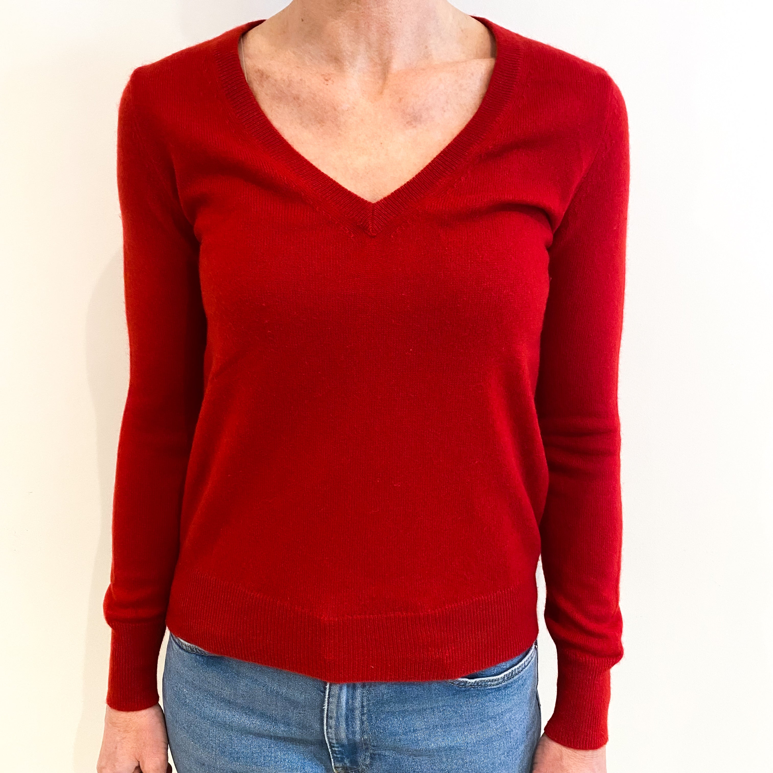 Spanish Red Cashmere V Neck Jumper Small