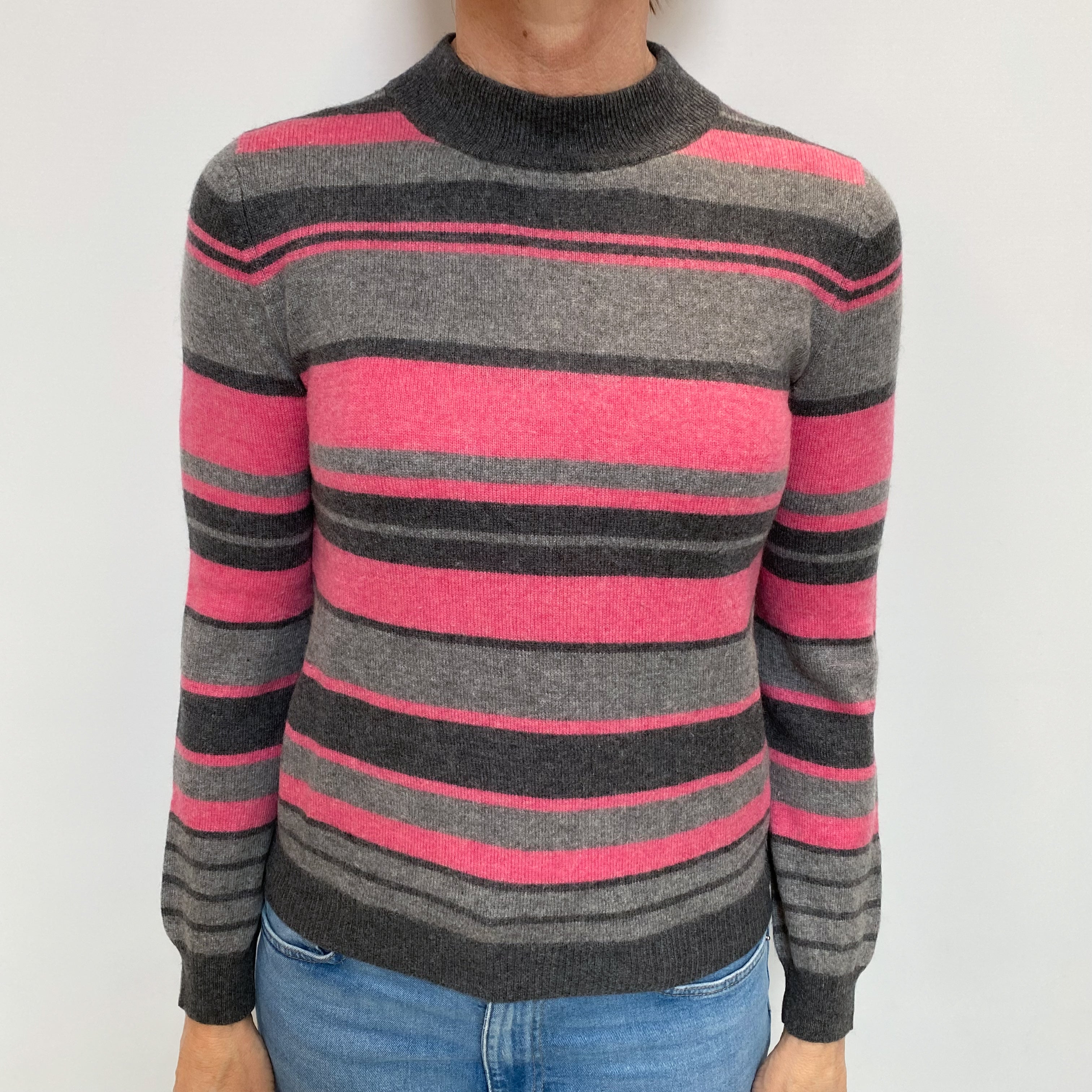 Pink and Grey Striped Cashmere Turtle Neck Jumper Small