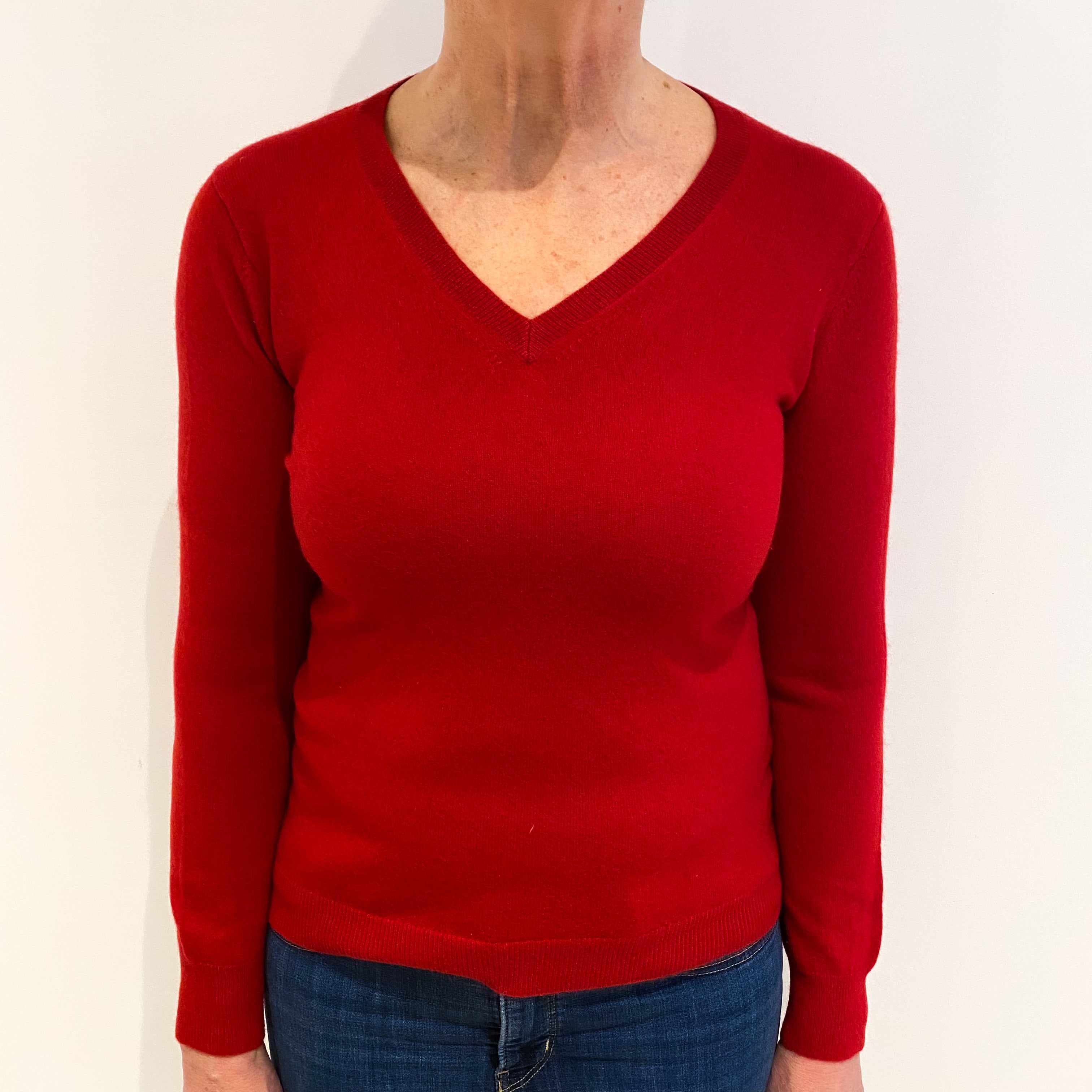 Scarlet Red Cashmere V Neck Jumper Medium