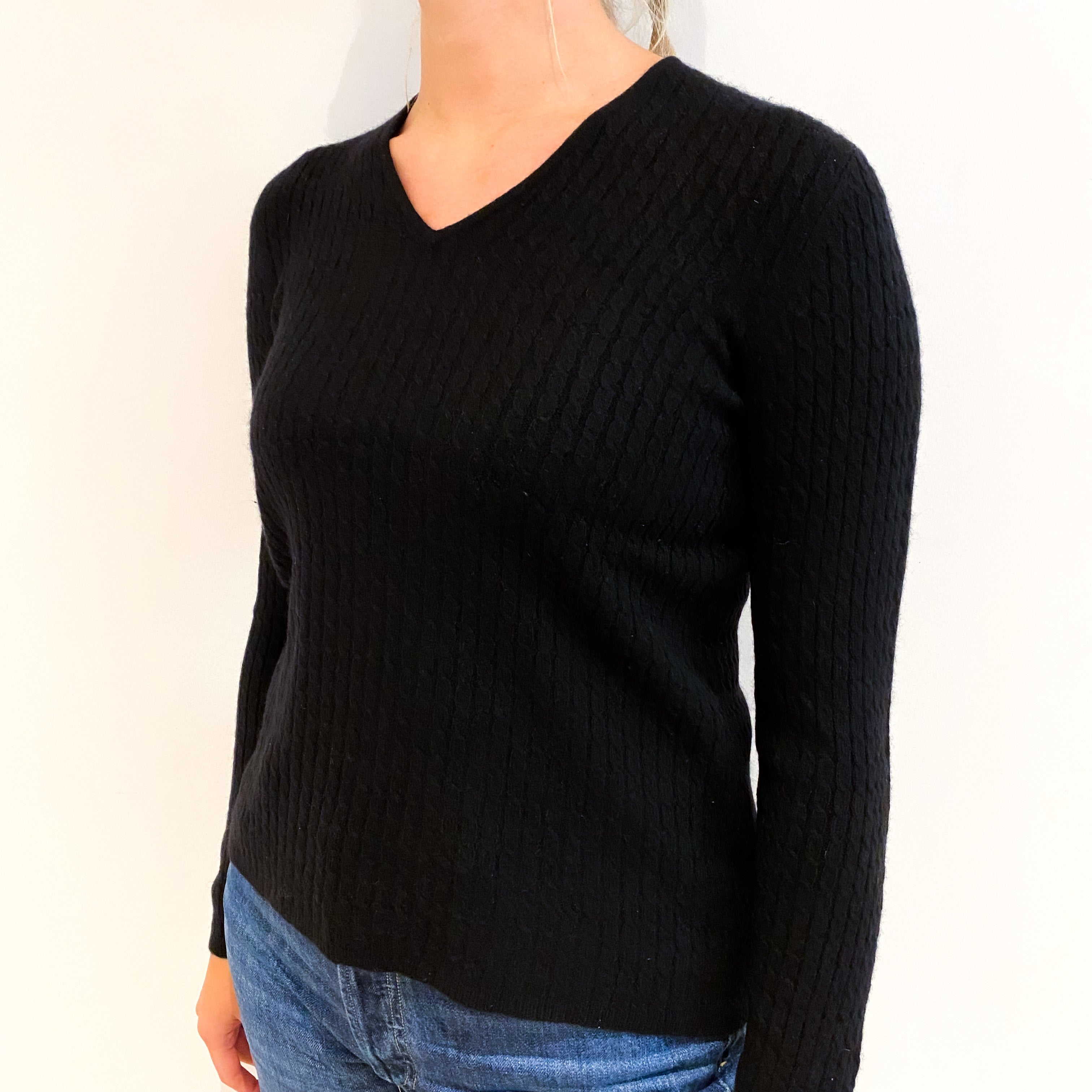 Black Cable Cashmere V-Neck Jumper Small