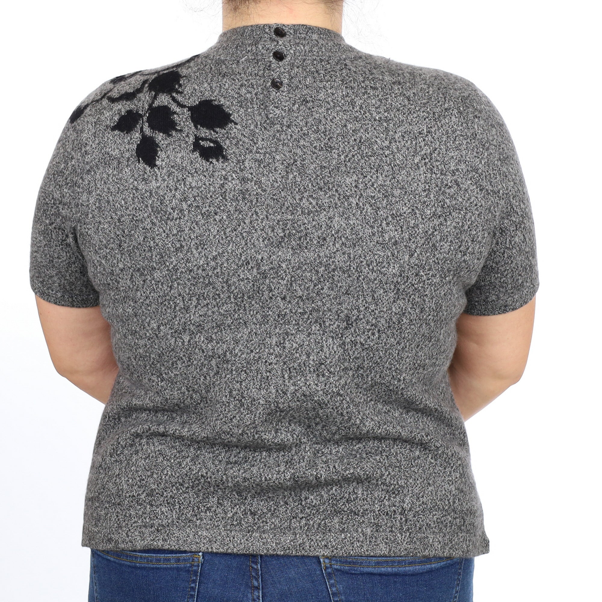 Charcoal Marl Floral Cashmere Short Sleeve Turtle Neck Jumper Large