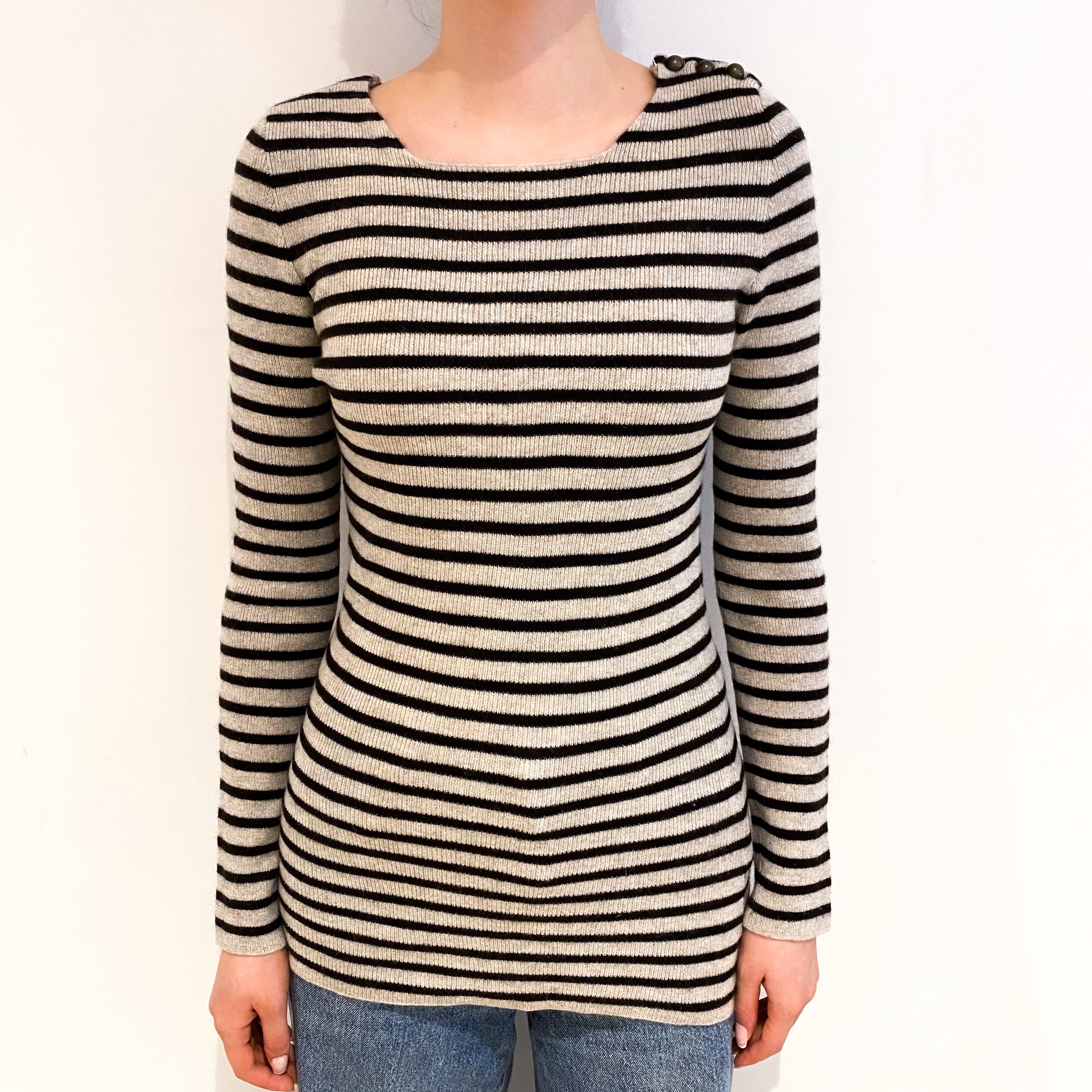 Beige And Black Striped Cashmere Crew Neck Jumper Extra Small