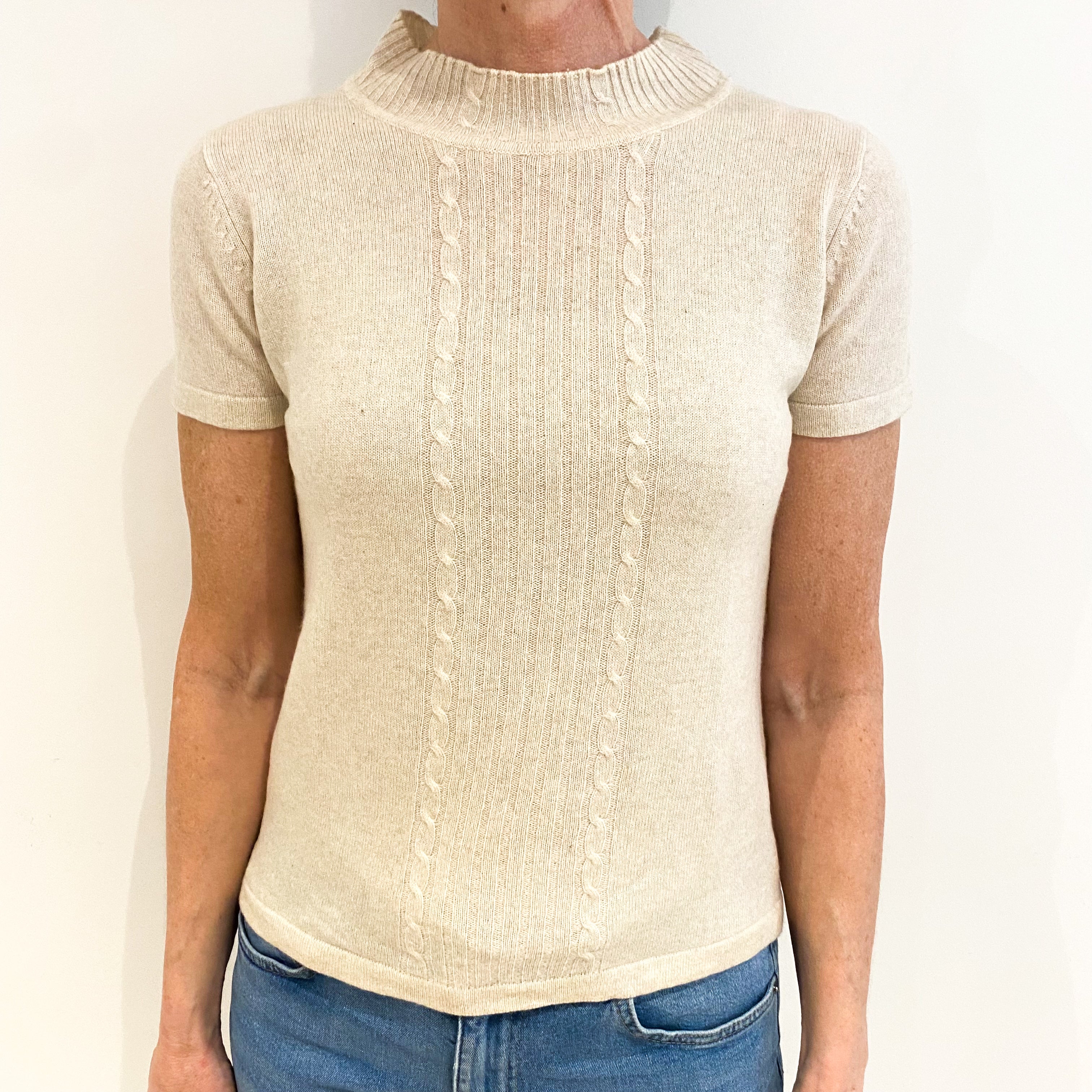 Oatmeal Beige Cashmere Turtle Neck Short Sleeved Jumper Small