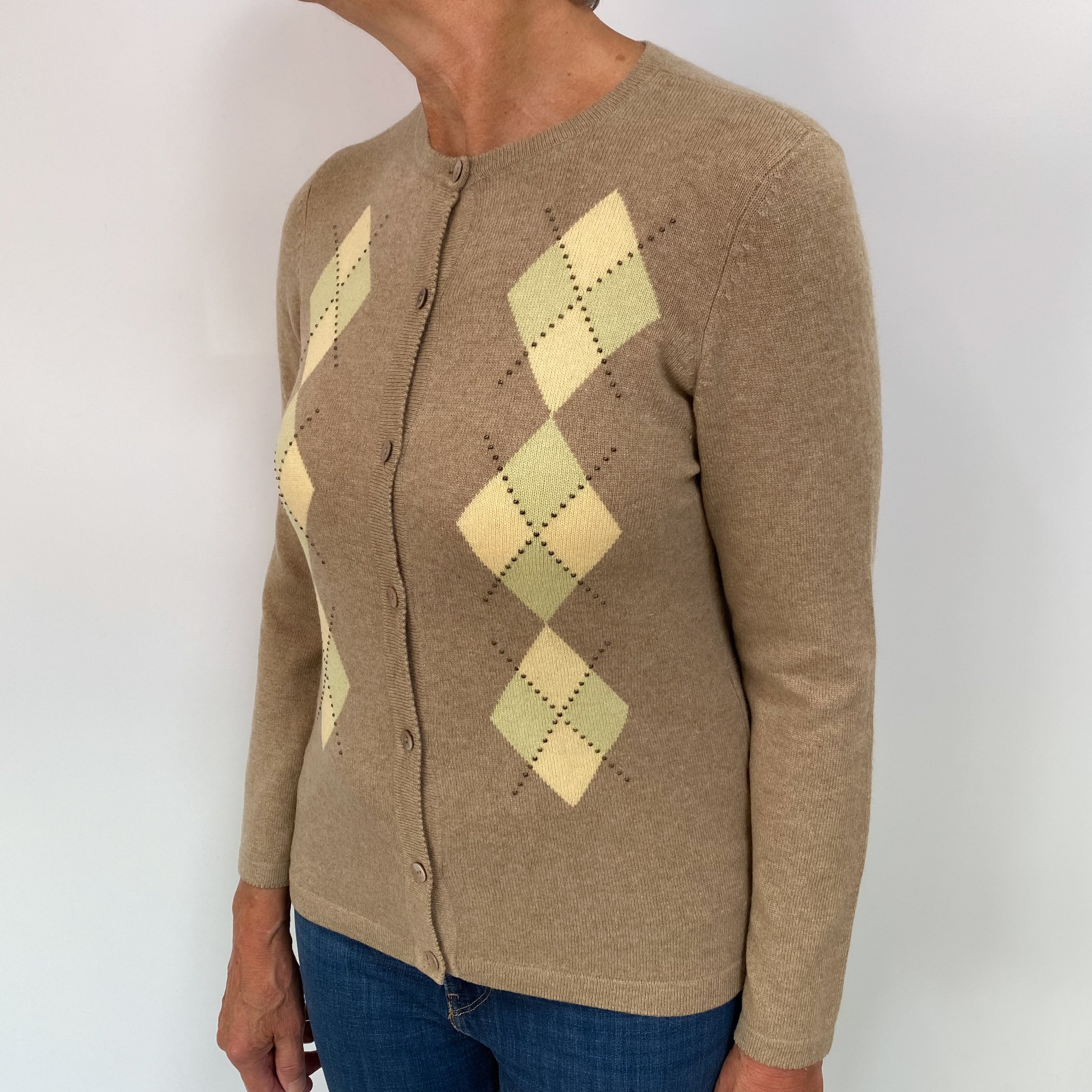 Fawn Beige Argyle Cashmere Crew Neck Cardigan Medium