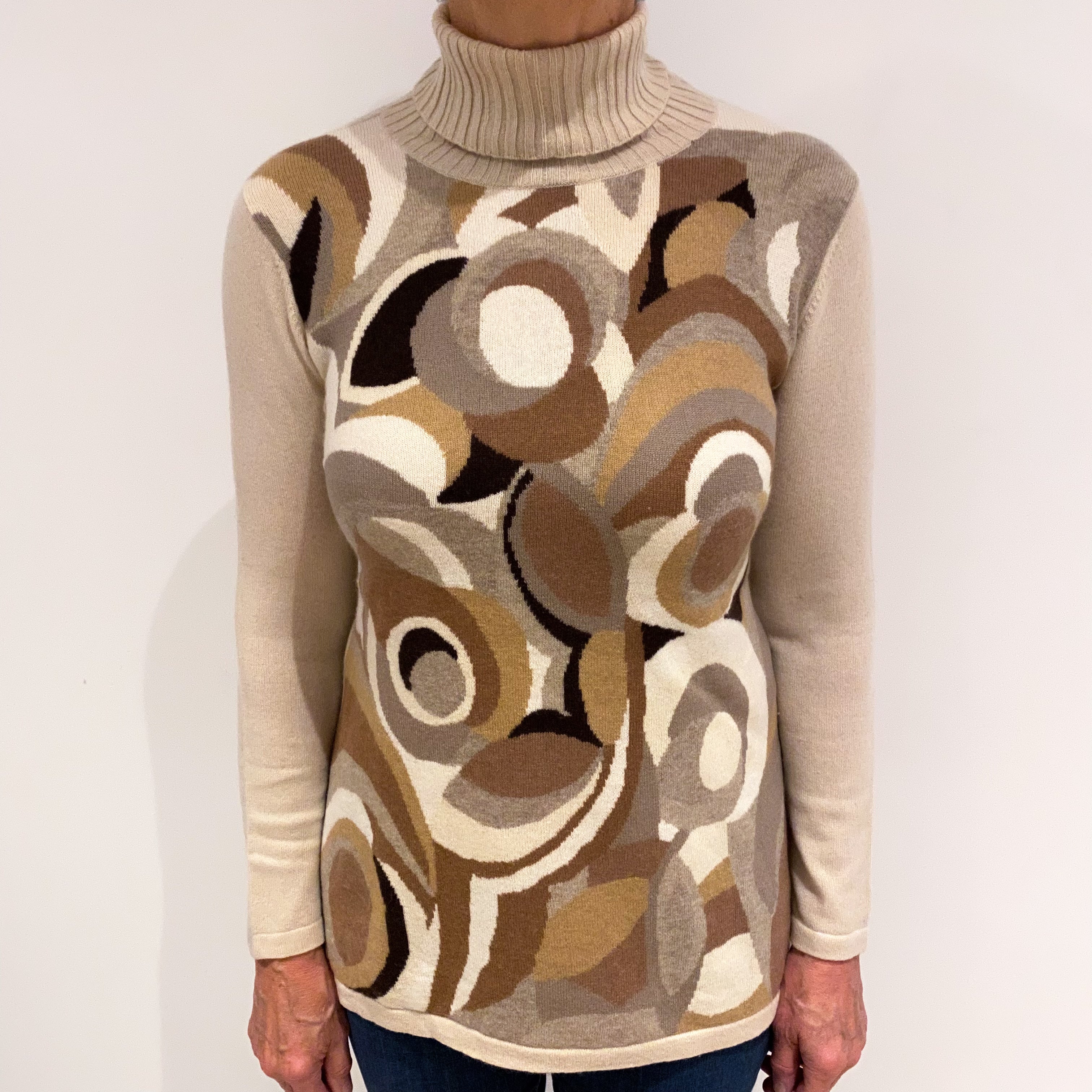 Beige and Brown Abstract Cashmere Polo Neck Jumper Medium