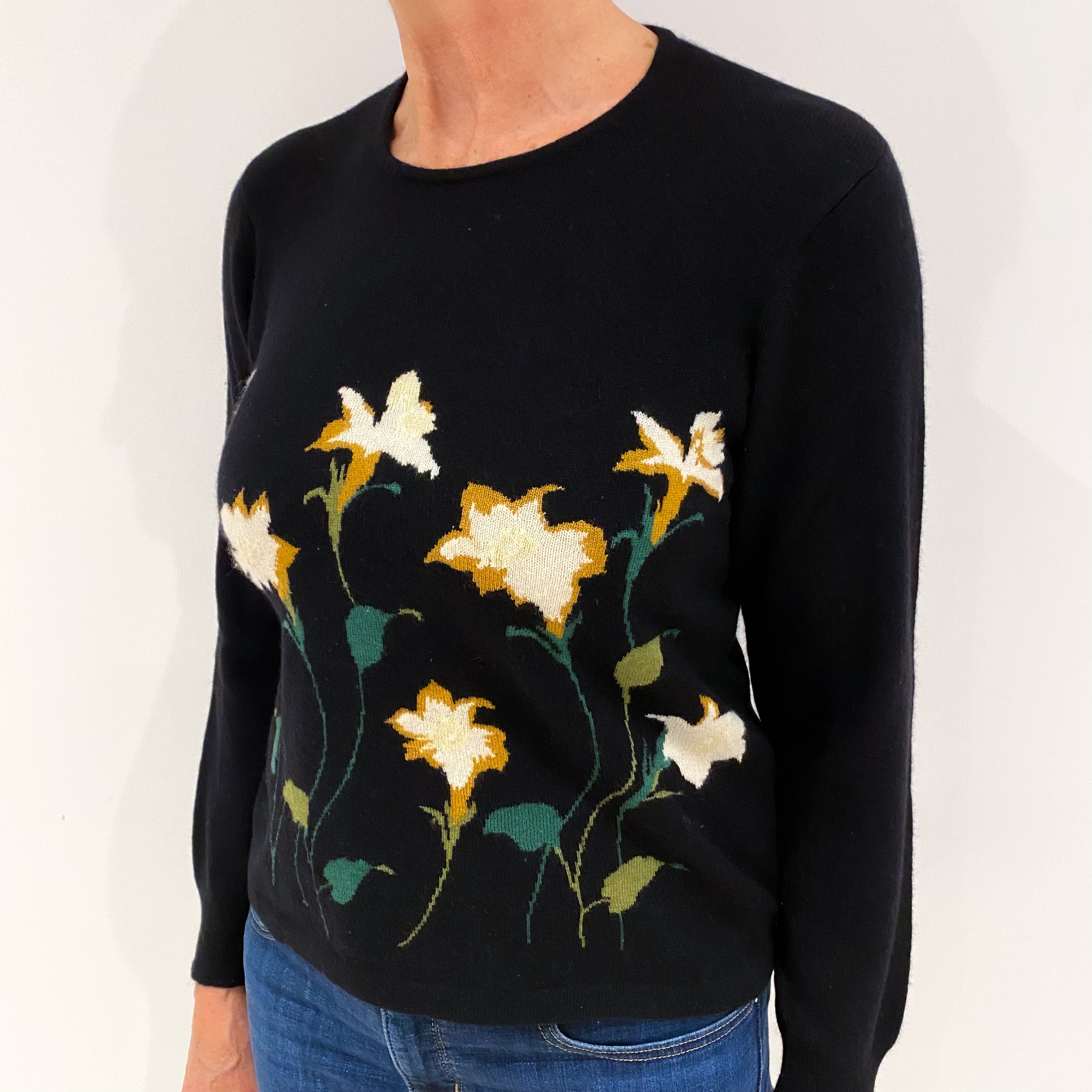 Black Floral Cashmere Crew Neck Jumper Medium