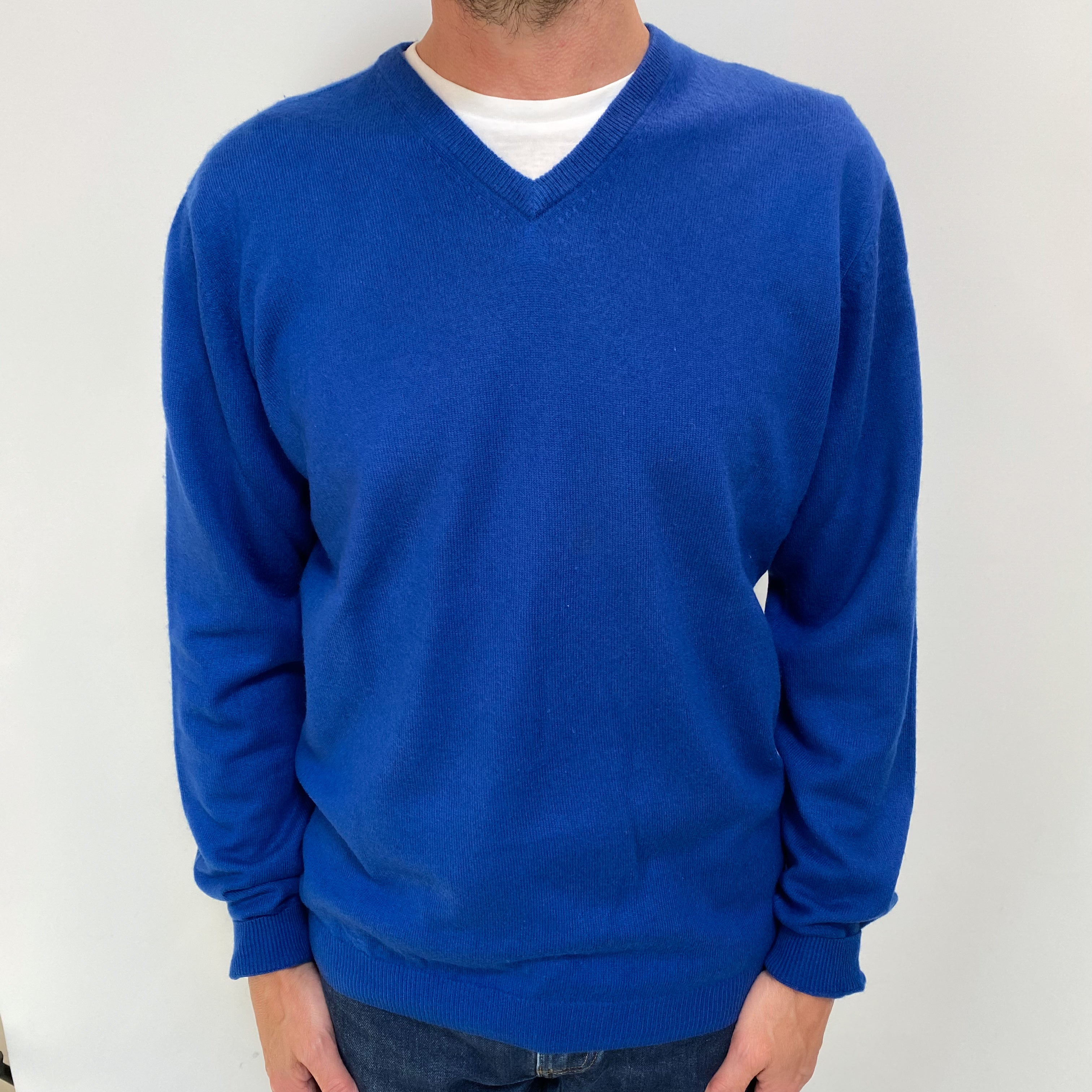 Men's Cobalt Blue Cashmere V Neck Jumper Small