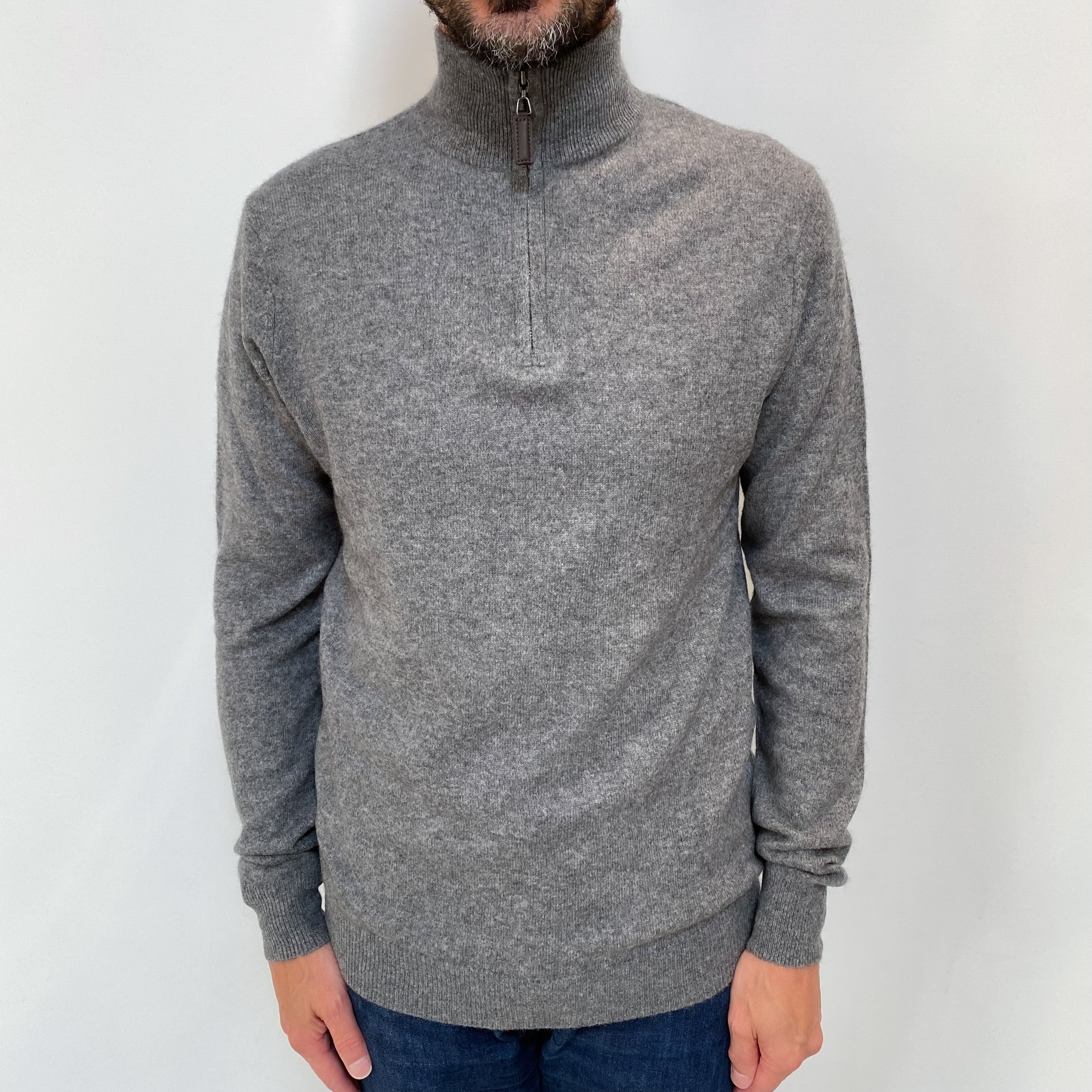 Men's Ash Grey Cashmere Quarter Zip Jumper Small